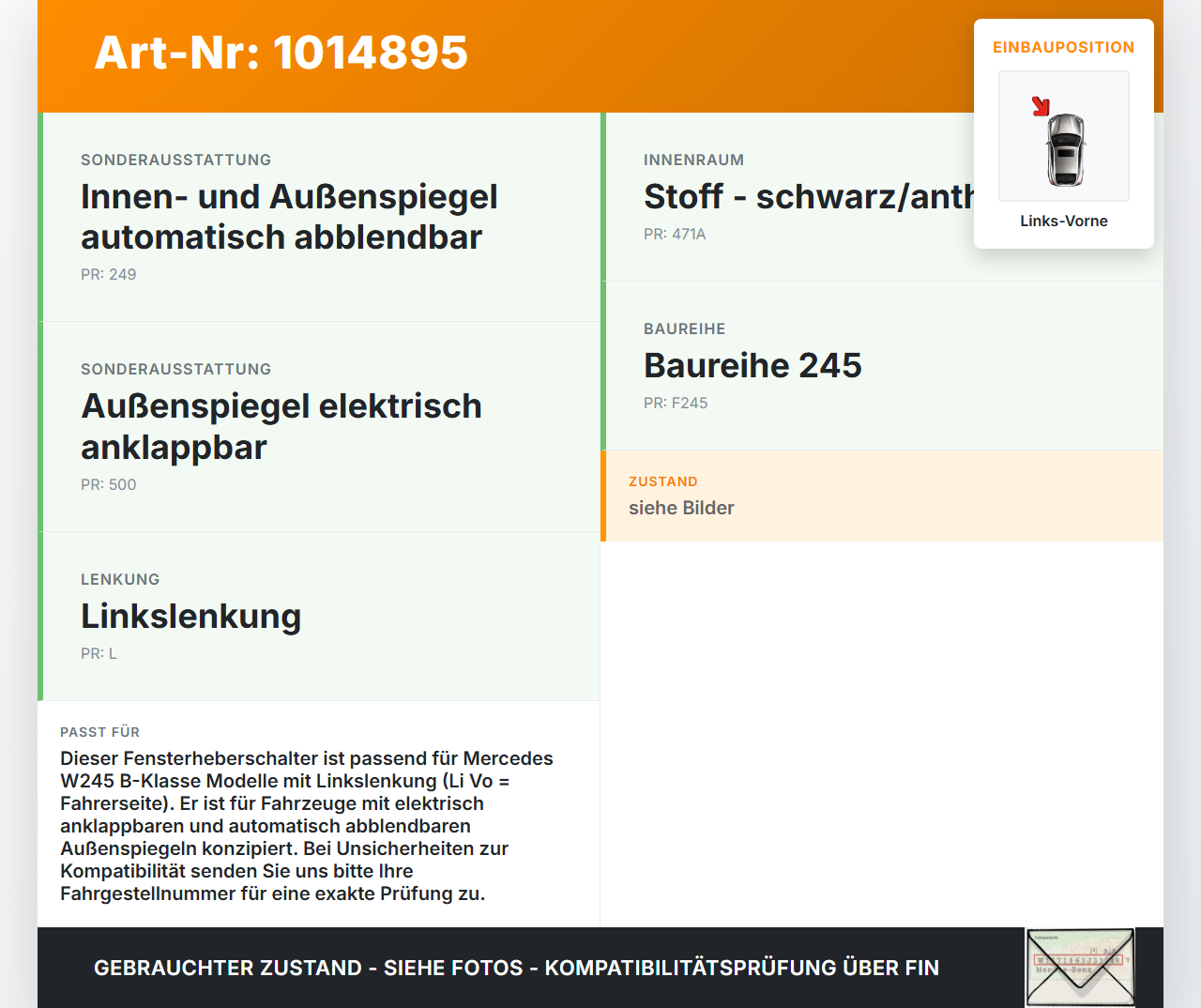 Mercedes W245 B180 08-11 Fensterheberschalter Schalter Fensterheber Links Vorne Mercedes W245 B180 08-11 27.07.2011... Vorschau 3