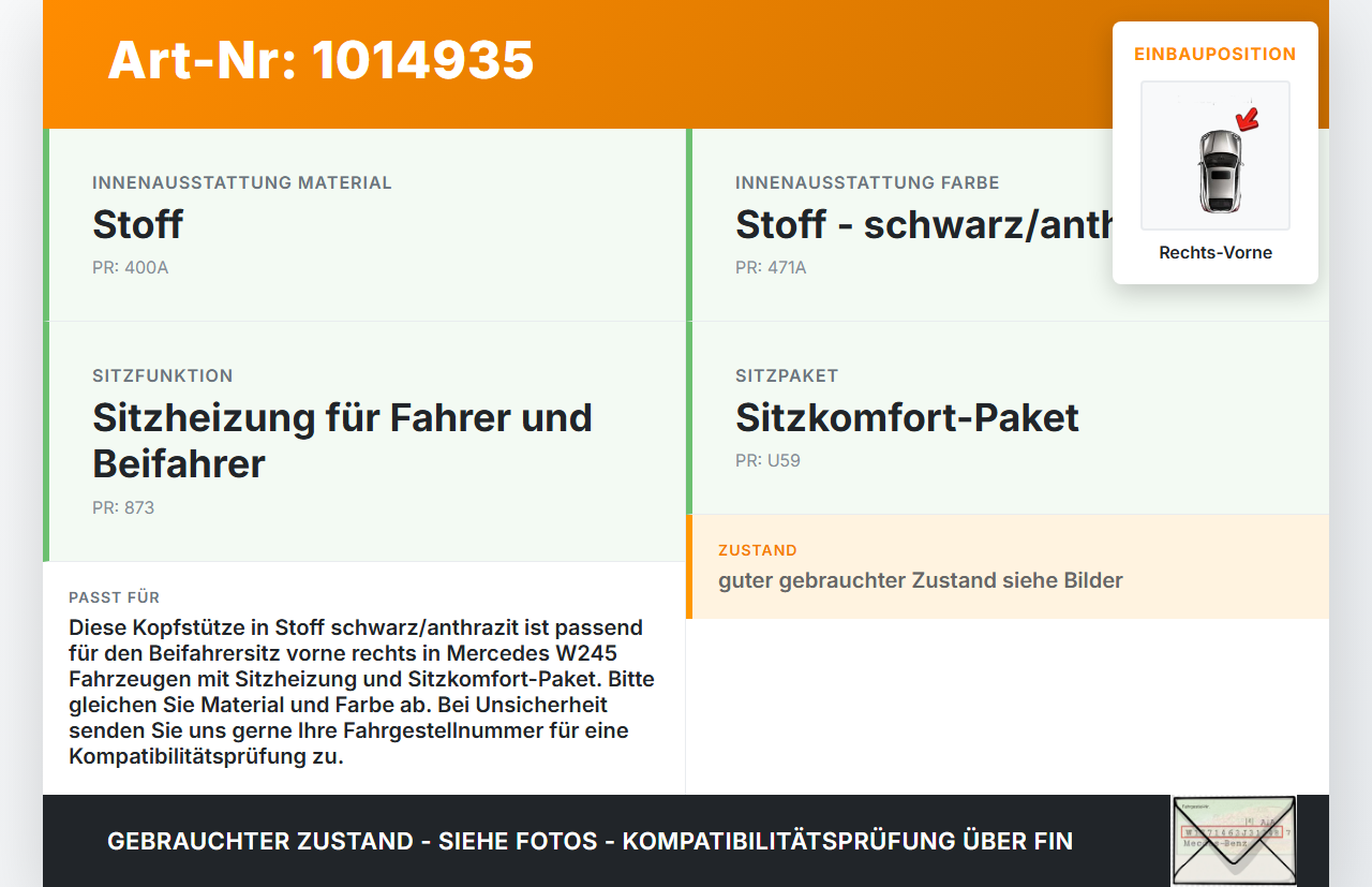 Mercedes W245 B180 08-11 Kopfstütze für Beifahrer Sitz Rechts Vorne Mercedes W245 B180 08-11 27.07.2011 A1699700150... Vorschau 3