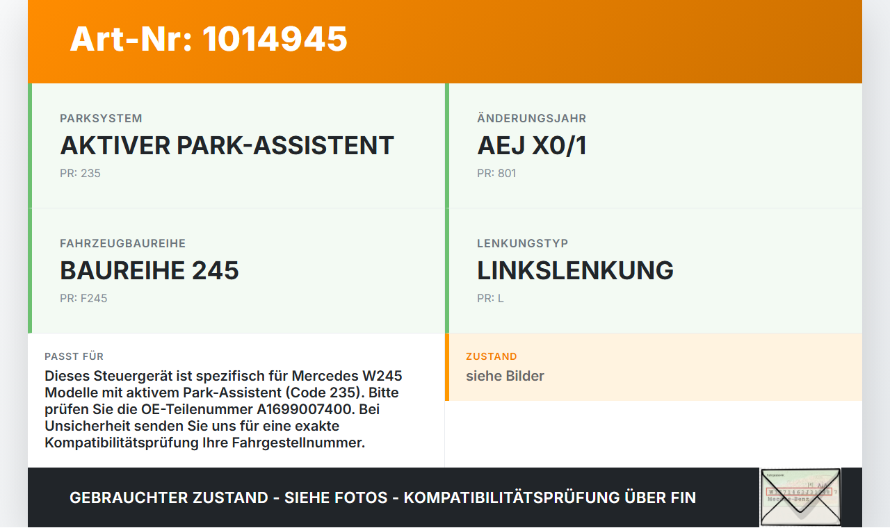Mercedes W245 B180 08-11 Steuergerät ECU Modul SG Einparkhilfe Mercedes W245 B180 08-11 27.07.2011 A1699007400... Vorschau 3