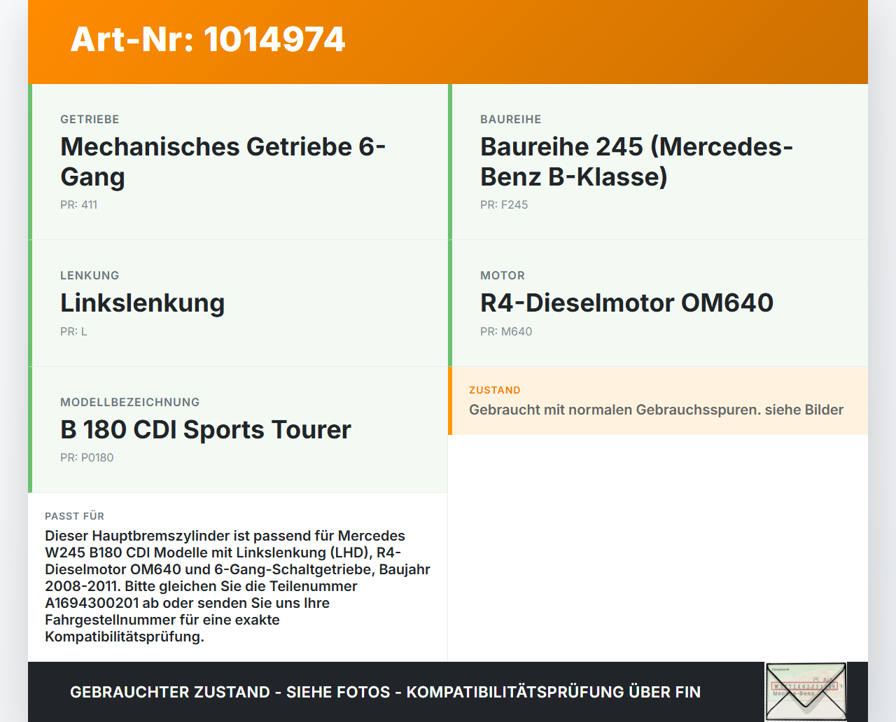 Mercedes W245 B180 08-11 Hauptbremszylinder Bremszylinder Mercedes W245 B180 08-11 27.07.2011 A1694300201 gebraucht Vorschau 3
