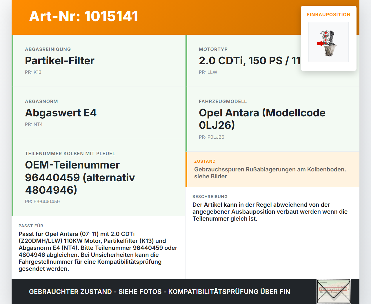 Opel Antara 07-11 CDTI 2,0 110KW Z20DMH Kolben mit Pleuel Pos A Opel Antara 07-11 17.02.2010 96440459 4804946 gebraucht Vorschau 3