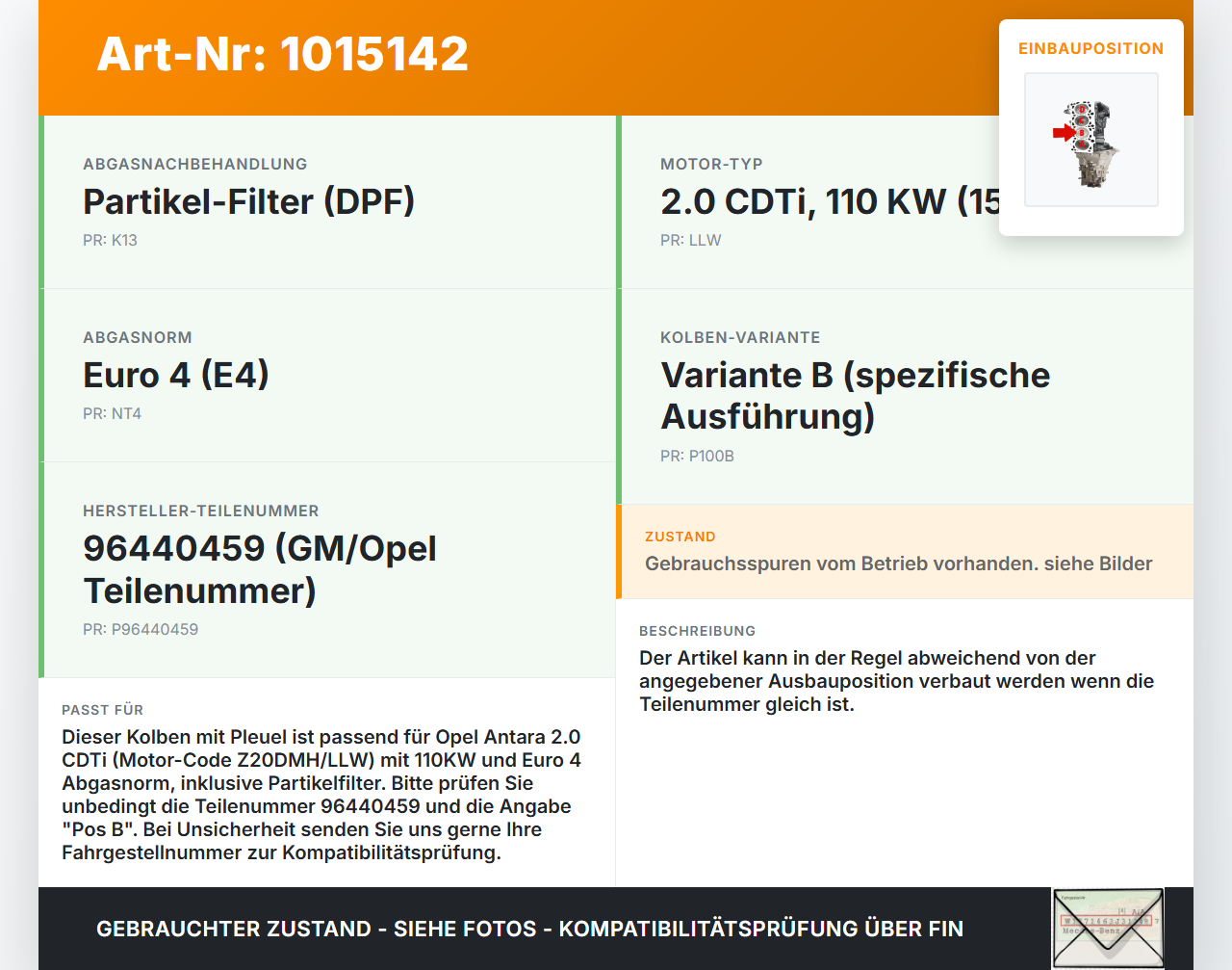 Opel Antara 07-11 CDTI 2,0 110KW Z20DMH Kolben mit Pleuel Pos B Opel Antara 07-11 17.02.2010 96440459 4804946 gebraucht Vorschau 3