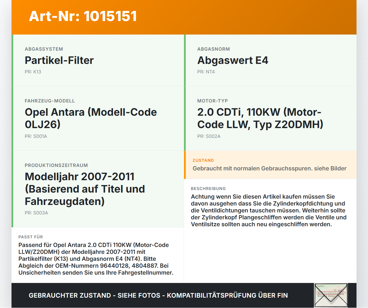 Opel Antara 07-11 CDTI 2,0 110KW Z20DMH Zylinderkopf Opel Antara 07-11 17.02.2010 96440128 4804887 gebraucht Vorschau 3