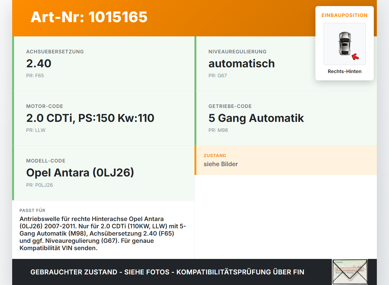 Opel Antara 07-11  CDTI 2,0 110KW Antriebswelle Gelenkwelle Rechts Hinten Opel Antara 07-11 17.02.2010 gebraucht Vorschau 3