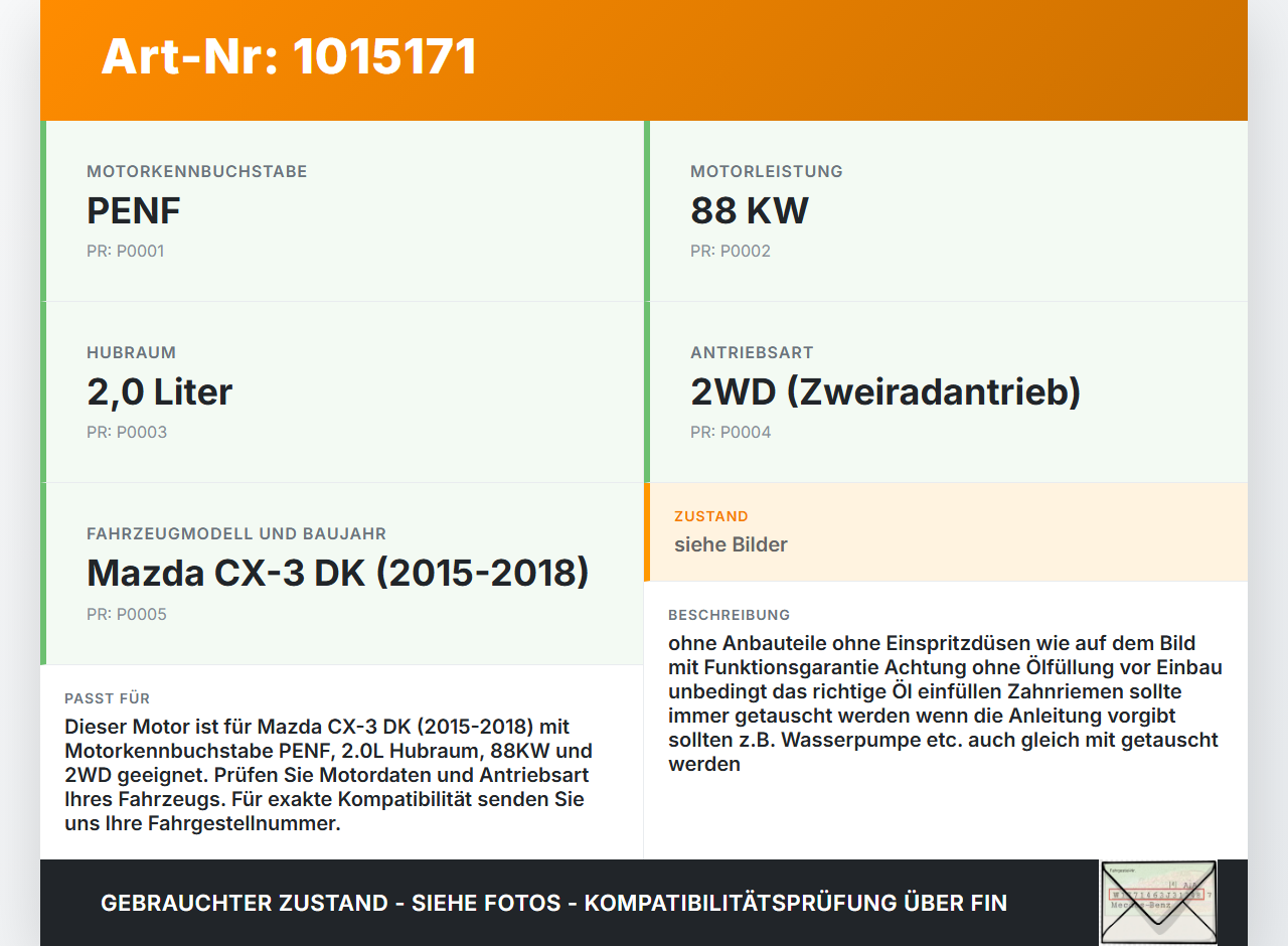 Mazda CX-3 DK 15-18 2,0 88KW PENF Motor Triebwerk Mazda CX-3 DK 15-18 11.05.2017 PEY6-02-200C gebraucht Vorschau 3