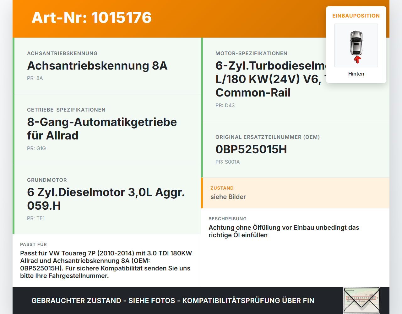 VW Touareg 7P 10-14 3,0 180KW 4WD Differential Hinterachsgetriebe Hinten VW Touareg 7P 10-14 11.10.2011 0BP525015H... Vorschau 3