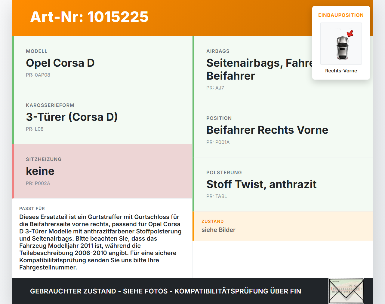 Opel Corsa D S07 11-14 3T Gurtstraffer Beifahrer Gurtschloss Rechts Vorne Opel Corsa D S07 11-14 28.07.2011... Vorschau 3