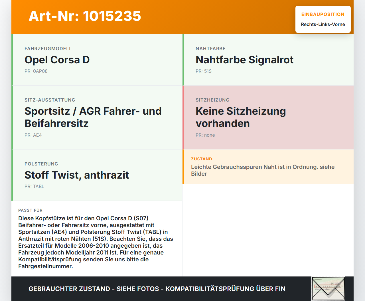 Opel Corsa D S07 11-14 3T Kopfstütze für Beifahrer Sitz Rechts oder Links Vorne Opel Corsa D S07 11-14 28.07.2011... Vorschau 3