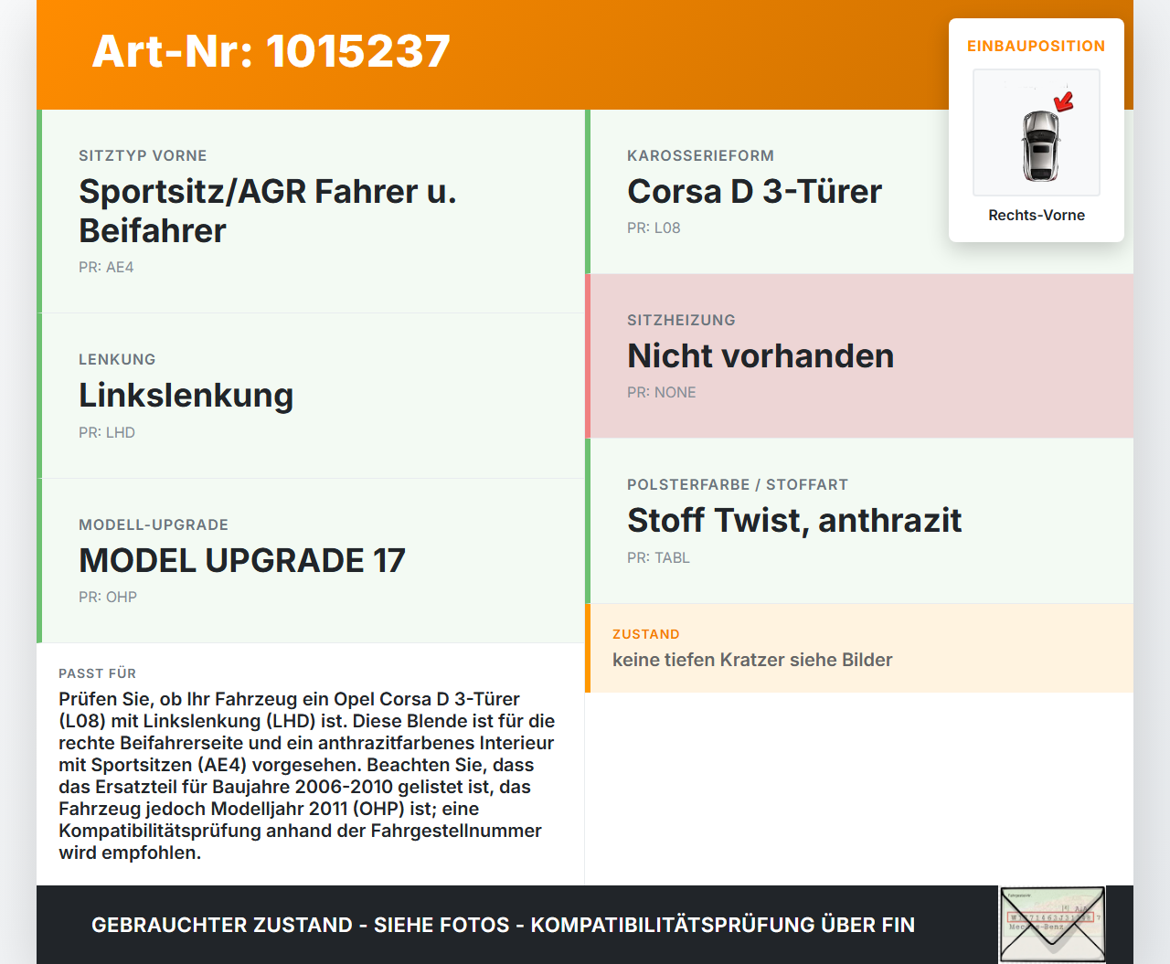 Opel Corsa D S07 11-14 3T Blende Innen Seitenverkleidung für Beifahrer Sitz Rechts Vorne Opel Corsa D S07 11-14... Vorschau 3