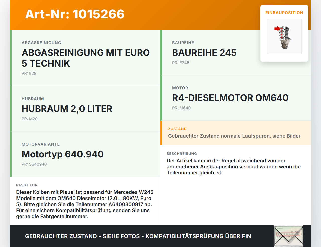 Mercedes W245 B180 08-11 CDI 2,0 80KW 640940 Kolben mit Pleuel Pos D Mercedes W245 B180 08-11 27.07.2011... Vorschau 3
