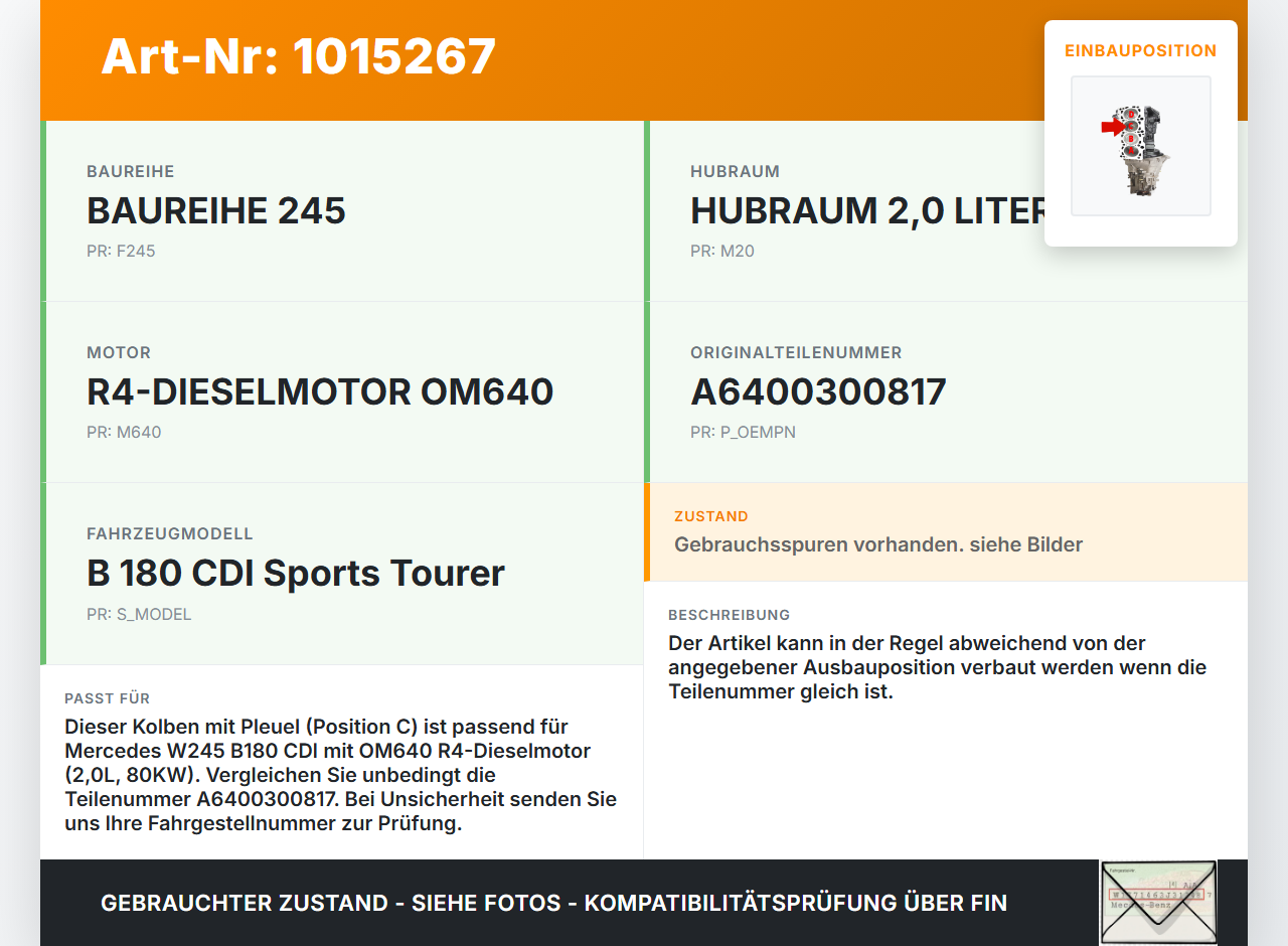 Mercedes W245 B180 08-11 CDI 2,0 80KW 640940 Kolben mit Pleuel Pos C Mercedes W245 B180 08-11 27.07.2011... Vorschau 3