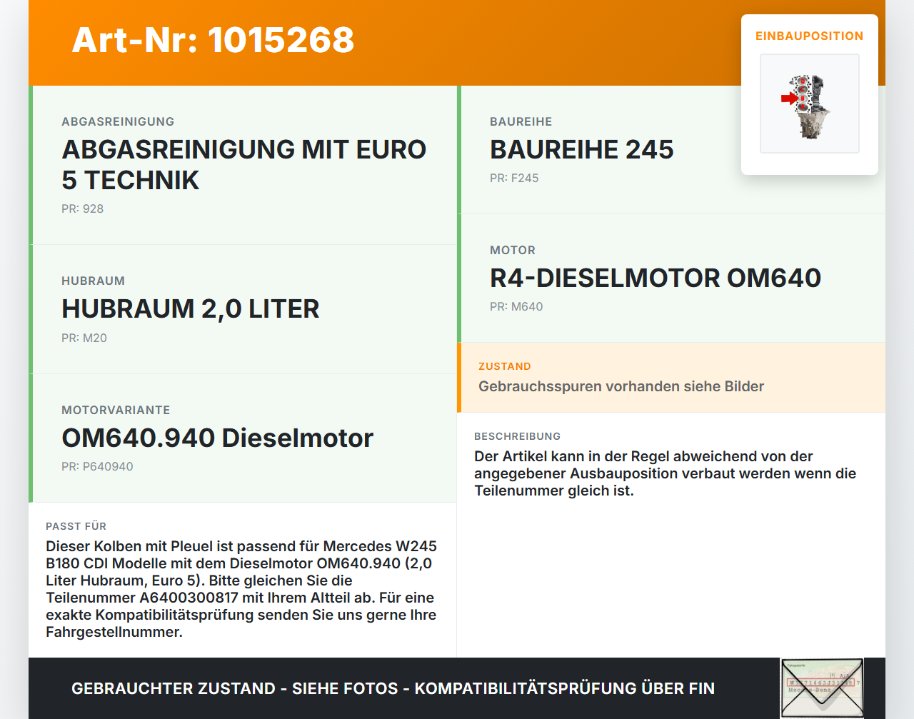 Mercedes W245 B180 08-11 CDI 2,0 80KW 640940 Kolben mit Pleuel Pos B Mercedes W245 B180 08-11 27.07.2011... Vorschau 3