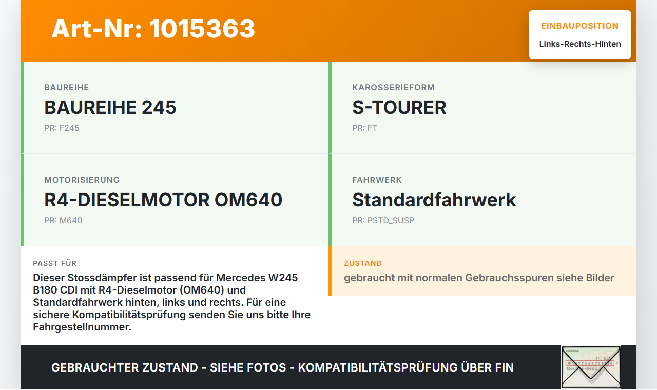 Mercedes W245 B180 08-11 Stossdämpfer Links und Rechts Hinten Mercedes W245 B180 08-11 27.07.2011 A1693260700 gebraucht Vorschau 3