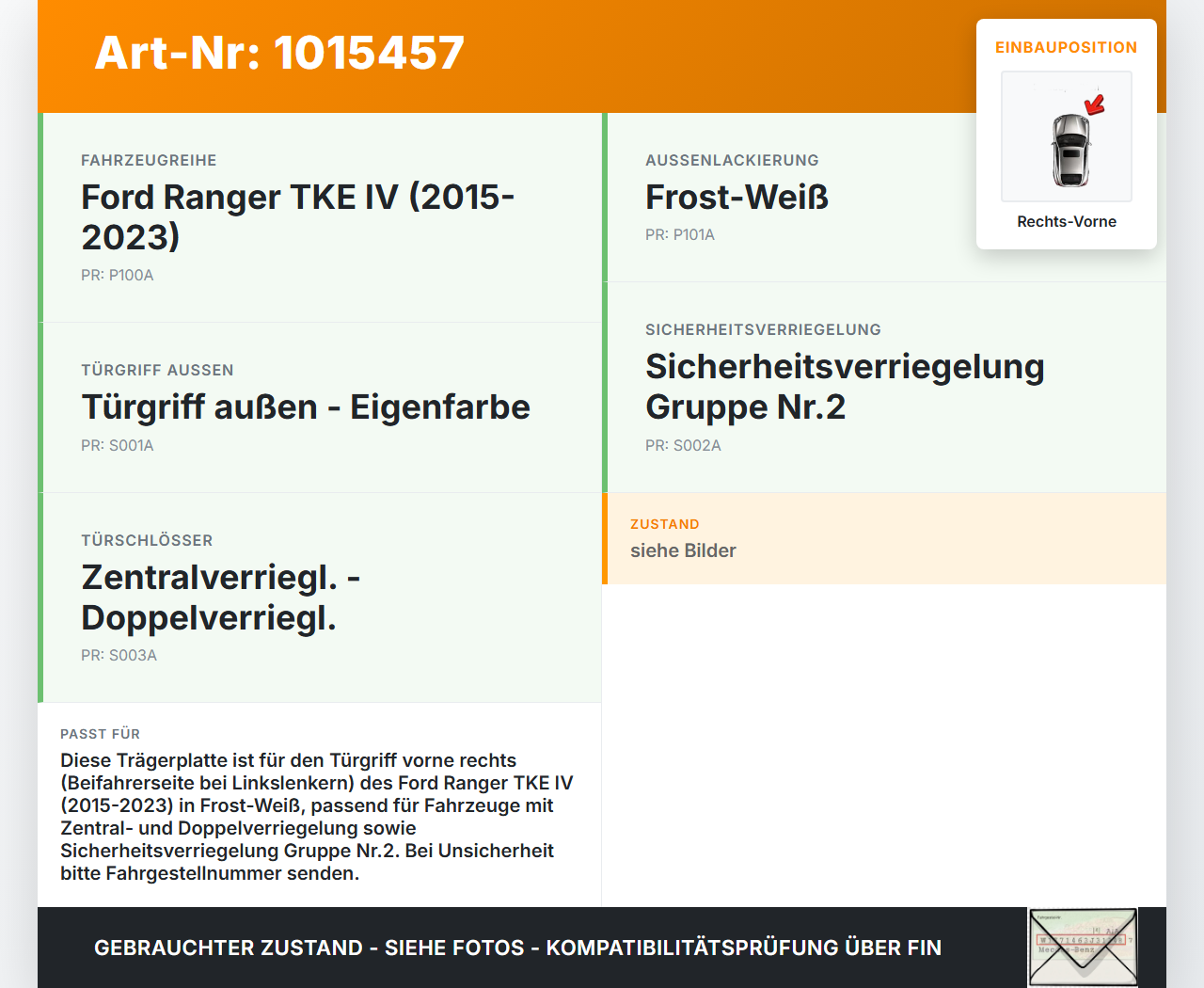 Ford Ranger TKE IV 15-23 2,0D 157KW Trägerplatte für Türgriff Aussen Rechts Vorne Ford Ranger TKE IV 15-23... Vorschau 3