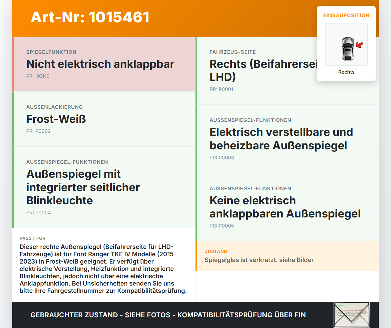 Ford Ranger TKE IV 15-23 Spiegel Aussenspiegel Rechts A Ford Ranger TKE IV 15-23 25.11.2021 EB3B-17682-AZC... Vorschau 3