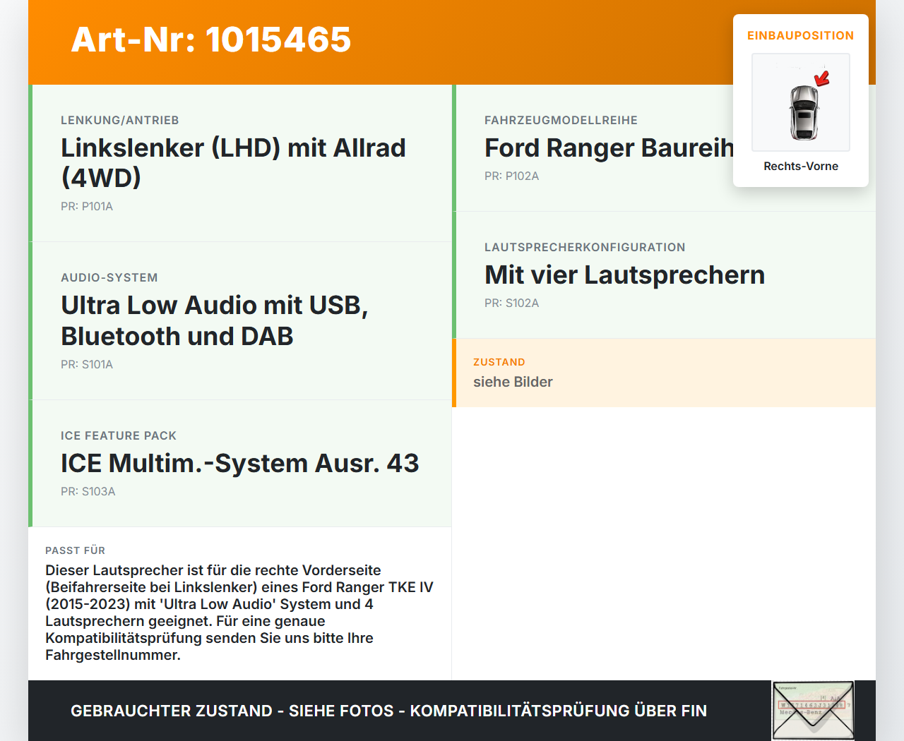 Ford Ranger TKE IV 15-23 Lautsprecher Rechts Vorne Ford Ranger TKE IV 15-23 25.11.2021 JB3T-18808-JA gebraucht Vorschau 3