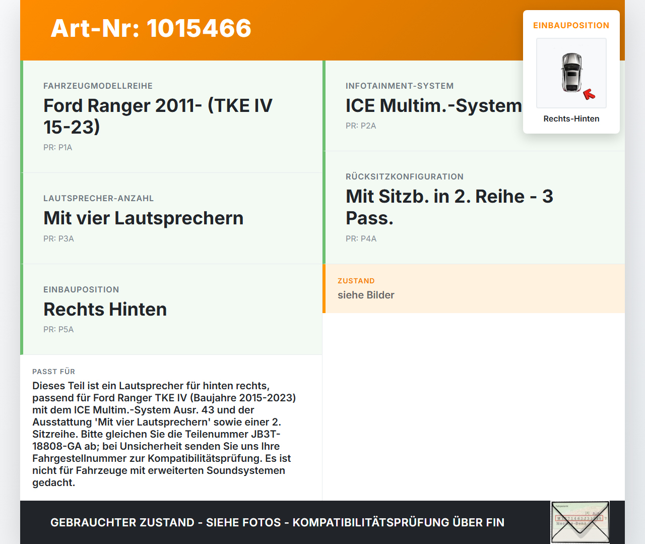 Ford Ranger TKE IV 15-23 Lautsprecher Rechts Hinten Ford Ranger TKE IV 15-23 25.11.2021 JB3T-18808-GA gebraucht Vorschau 3