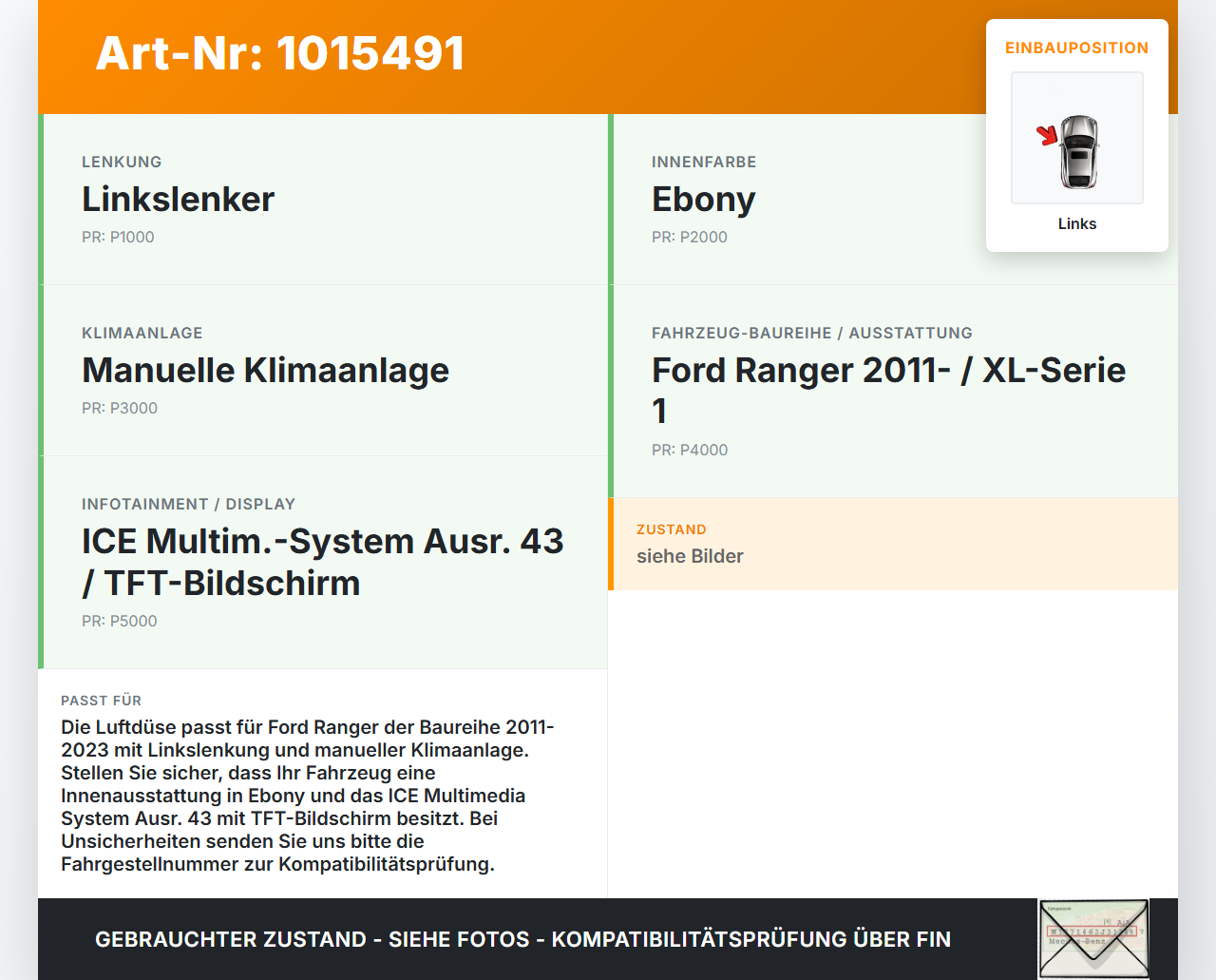 Ford Ranger TKE IV 15-23 Luftdusche Luftdüse Links Mitte Ford Ranger TKE IV 15-23 25.11.2021 EB3B-41045J78-ABA3ZHE... Vorschau 3