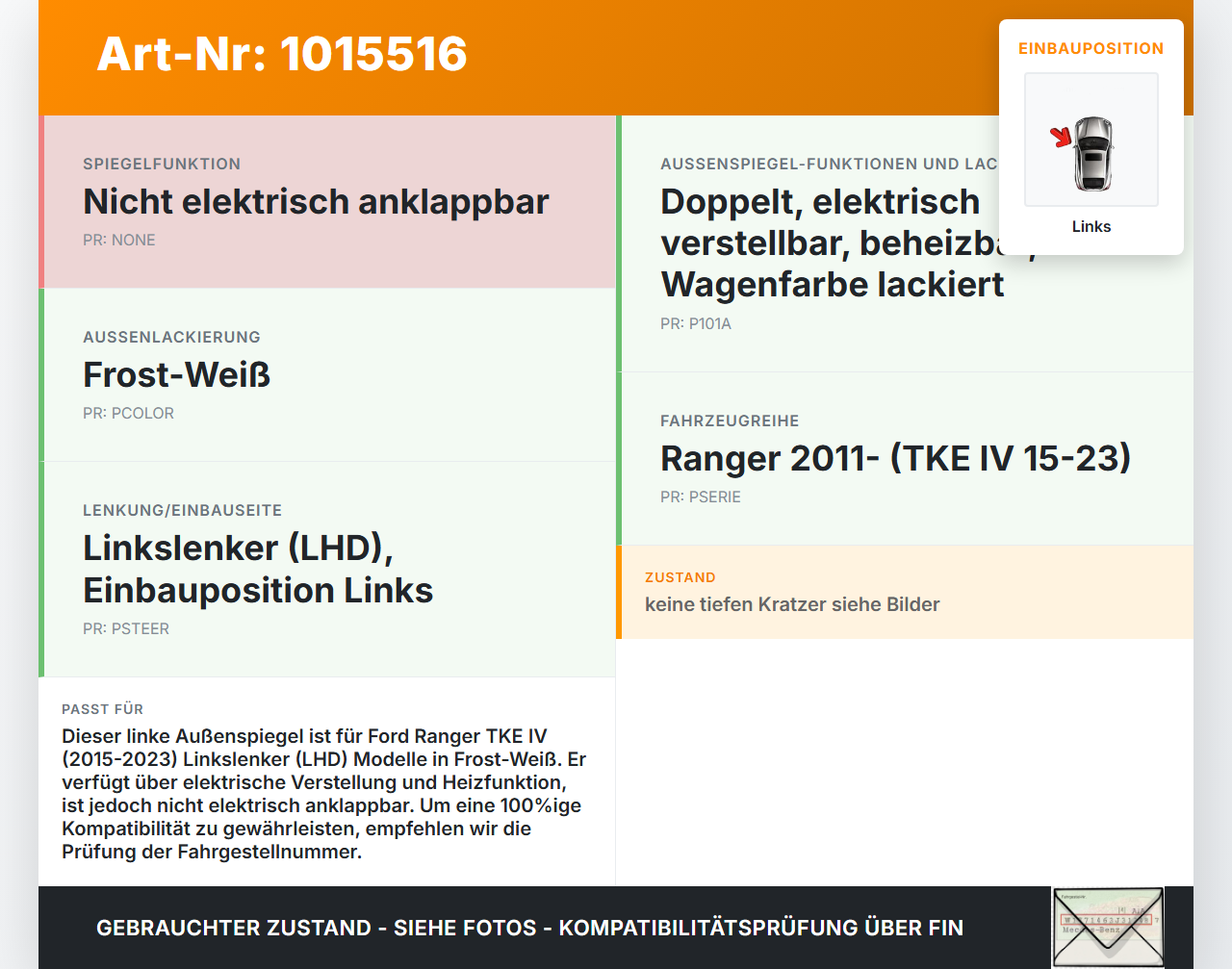 Ford Ranger TKE IV 15-23 Spiegel Aussenspiegel Links A Ford Ranger TKE IV 15-23 25.11.2021 EB3B-17683-AZC... Vorschau 3