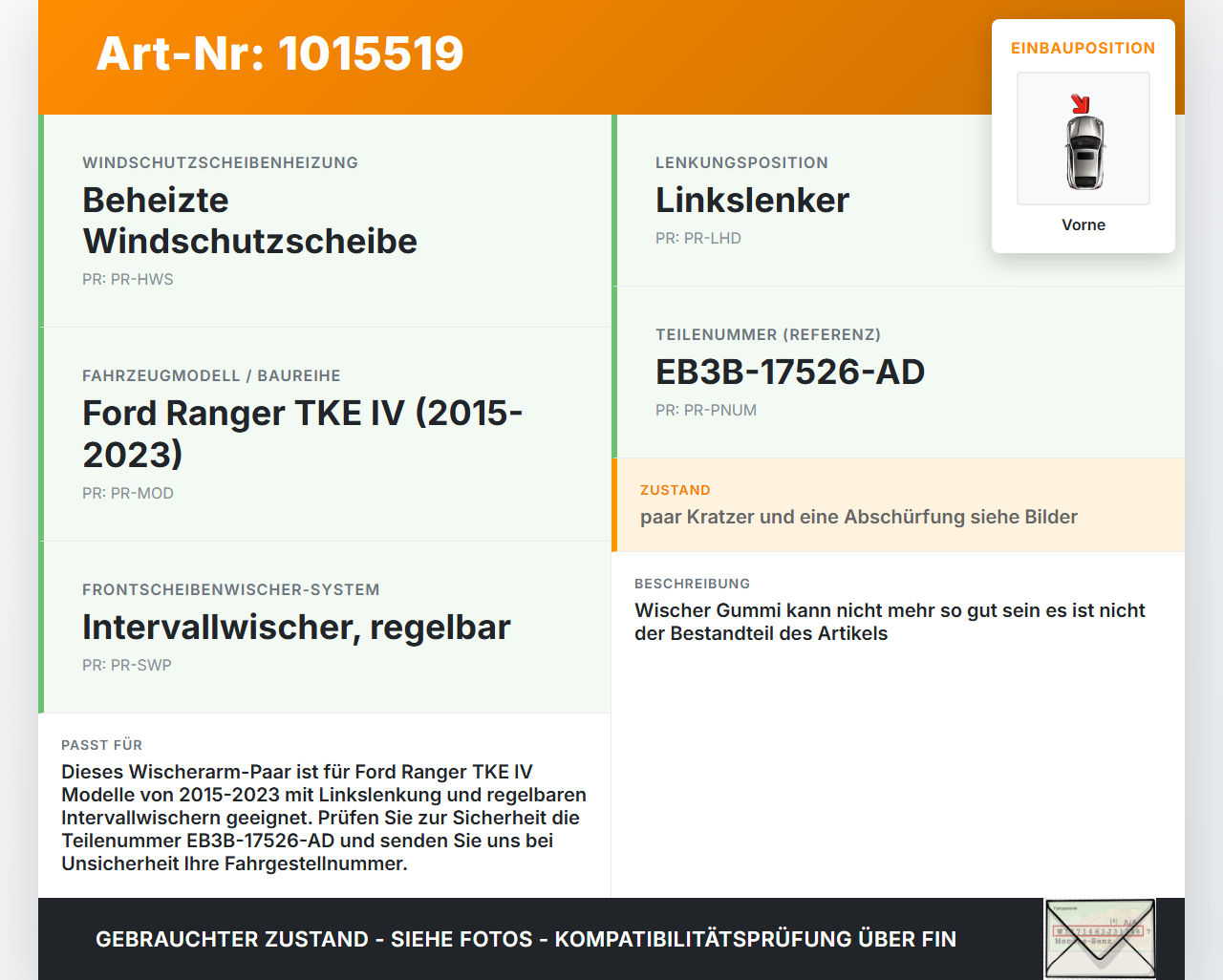 Ford Ranger TKE IV 15-23 2x Scheibenwischer Wischarm Vorne Ford Ranger TKE IV 15-23 25.11.2021 EB3B-17526-AB... Vorschau 3