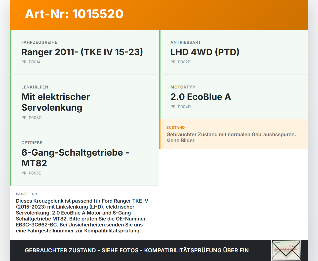 Ford Ranger TKE IV 15-23 Lenkungsteil Kreuzgelenk Kupplungswelle Ford Ranger TKE IV 15-23 25.11.2021 EB3C-3C662-BC... Vorschau 3