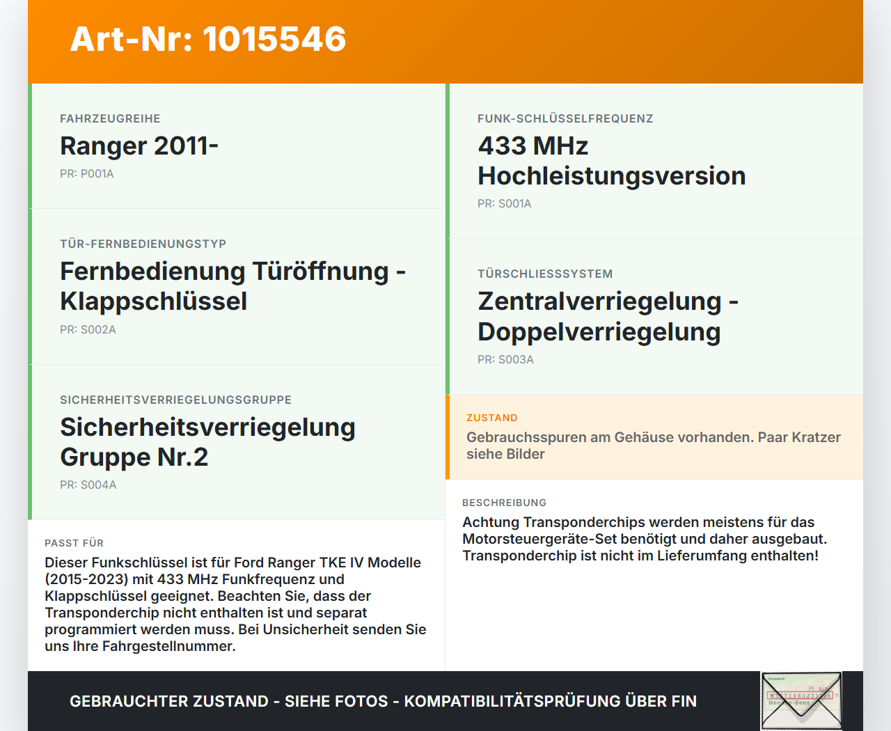 Ford Ranger TKE IV 15-23 Fernbedienung Funk Funkschlüssel Ford Ranger TKE IV 15-23 25.11.2021 EB3T-15K601-BB gebraucht Vorschau 3