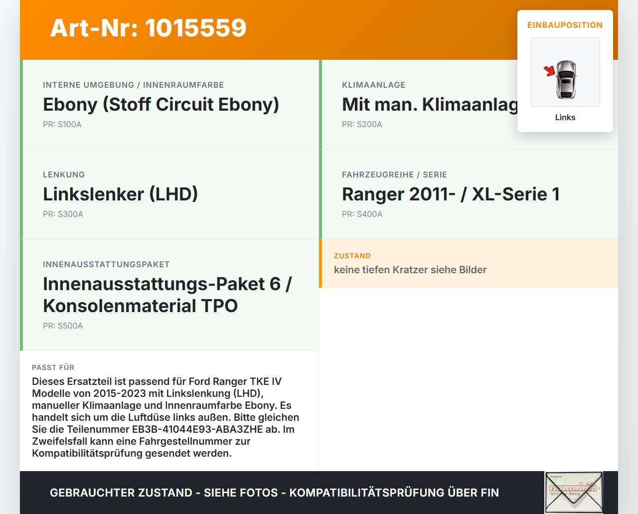Ford Ranger TKE IV 15-23 Luftdusche Luftdüse Links Aussen Ford Ranger TKE IV 15-23 25.11.2021 EB3B-41044E93-ABA3ZHE... Vorschau 3