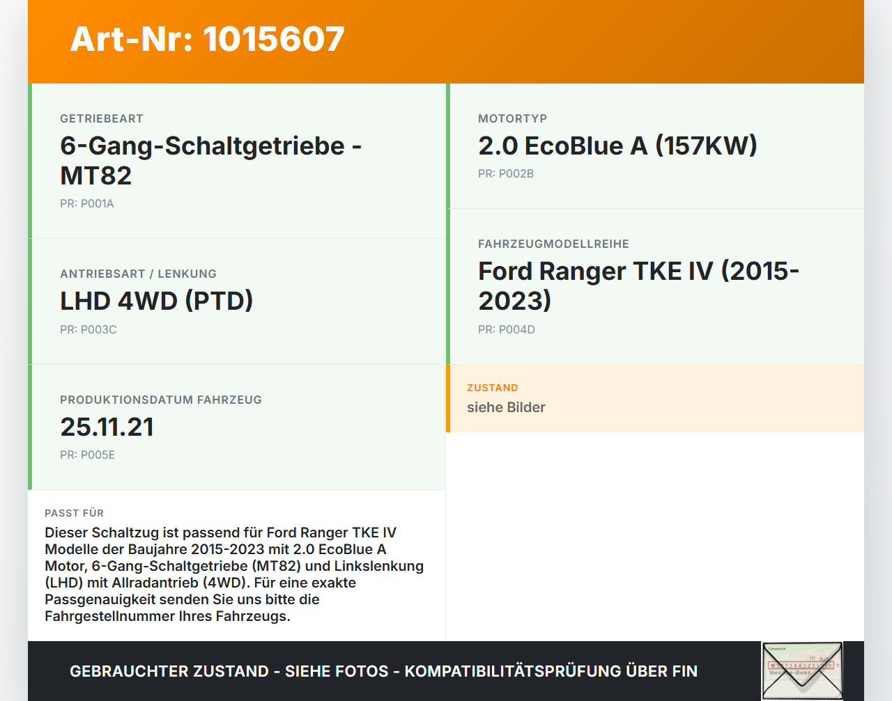 Ford Ranger TKE IV 15-23 2,0D 157KW Schaltzug Schaltseilzug Schaltseil Ford Ranger TKE IV 15-23 25.11.2021... Vorschau 3