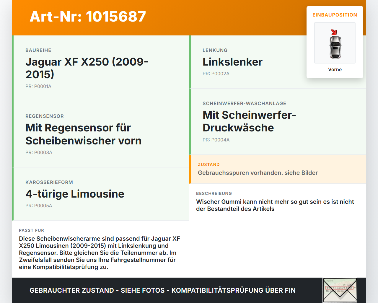 Jaguar XF X250 11-15 2x Scheibenwischer Wischarm Vorne Jaguar XF X250 11-15 08.04.2013 C2D30565 gebraucht Vorschau 3