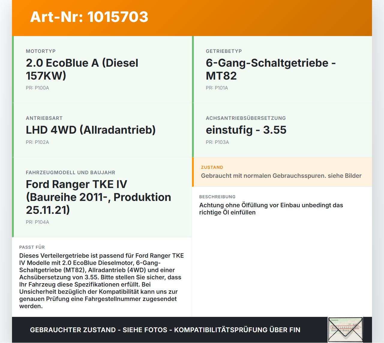 Ford Ranger TKE IV 15-23 2,0D 157KW 4WD Verteilergetriebe Getriebe Ford Ranger TKE IV 15-23 25.11.2021... Vorschau 3