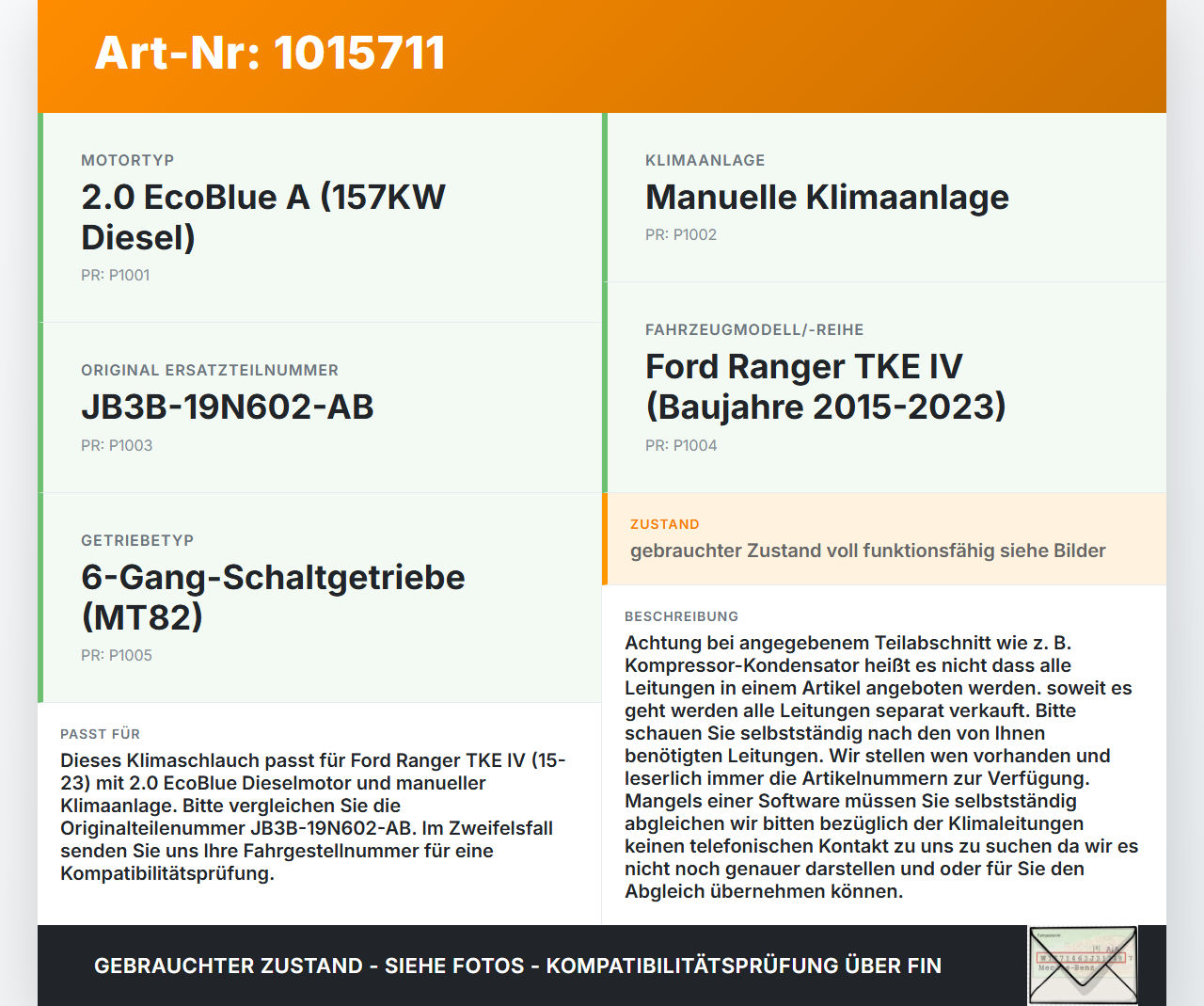 Ford Ranger TKE IV 15-23 2,0D 157KW Klimaschlauch Klimaleitung Ford Ranger TKE IV 15-23 25.11.2021 JB3B-19N602-AB... Vorschau 3