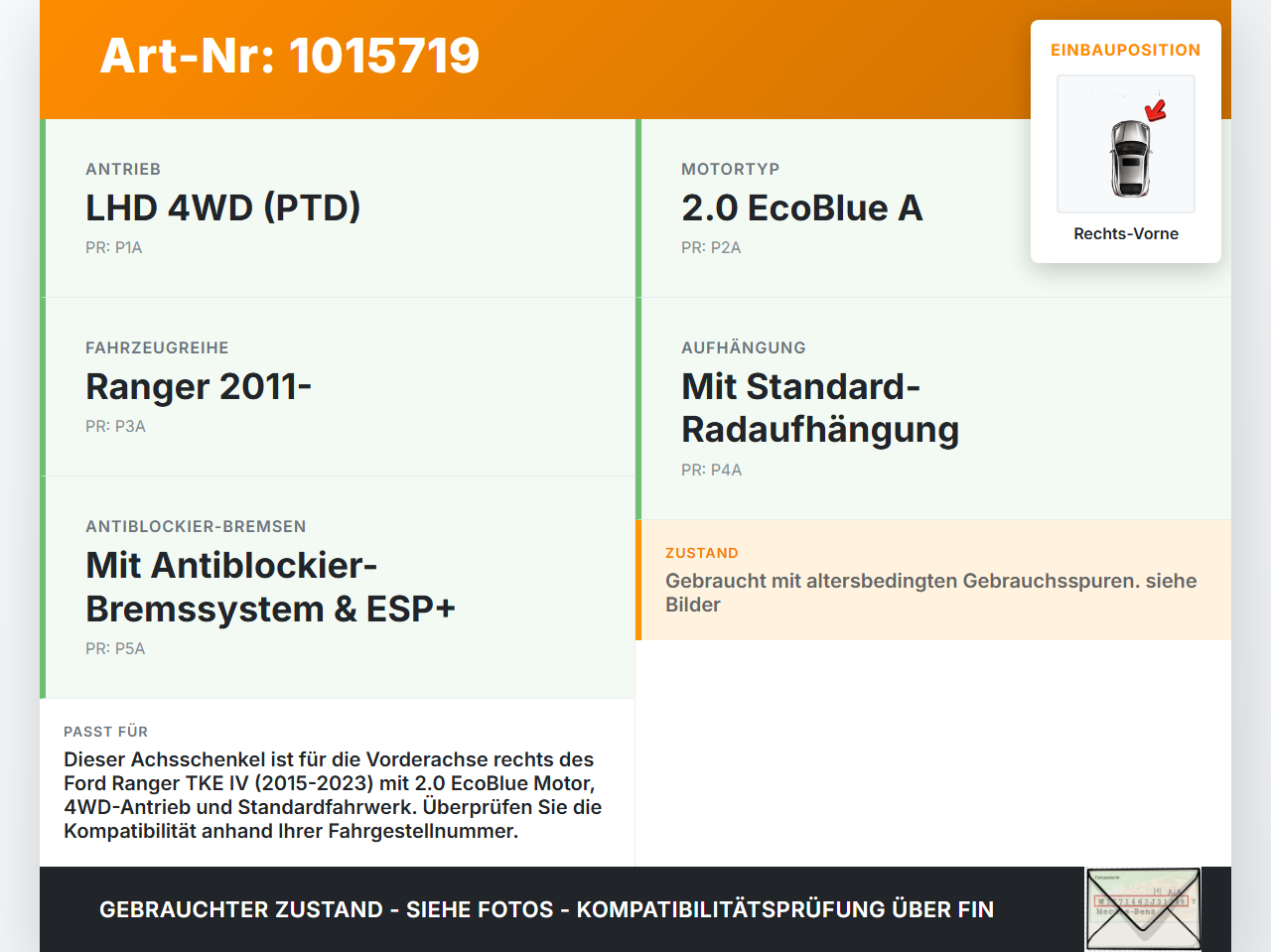 Ford Ranger TKE IV 15-23 2,0D 157KW Achsschenkel Radnabe Rechts Vorne Ford Ranger TKE IV 15-23 25.11.2021... Vorschau 3