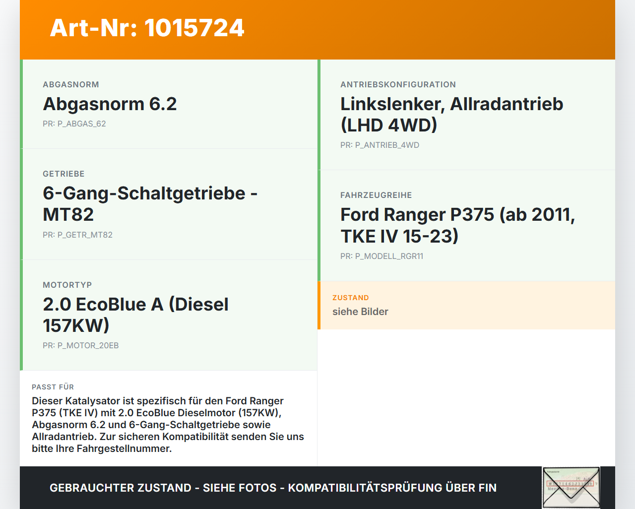 Ford Ranger TKE IV 15-23 2,0D 157KW Katalysator Ford Ranger TKE IV 15-23 25.11.2021 LB3G-5K224-BE gebraucht Vorschau 3