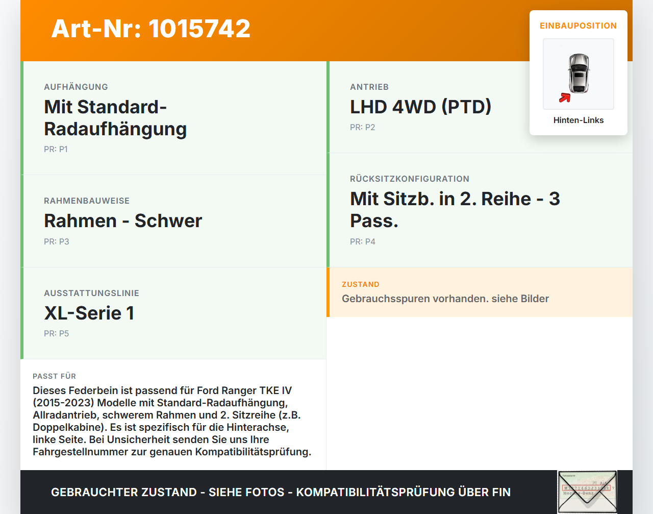 Ford Ranger TKE IV 15-23 Federbein Stossdämpfer Hinten Links Ford Ranger TKE IV 15-23 25.11.2021 JB3C-18080-EBE... Vorschau 3