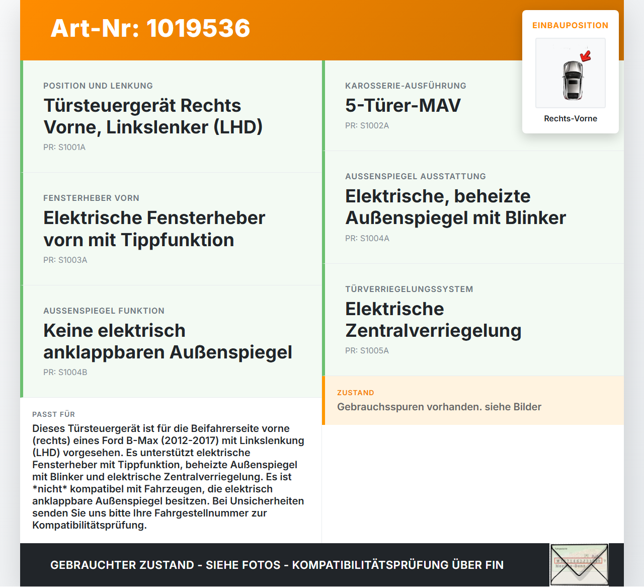 Ford B-Max 12-17 Steuergerät ECU Modul Türsteuergerät Rechts Vorne Ford B-Max 12-17 21.03.2013 CV1T14B531AD gebraucht Vorschau 3