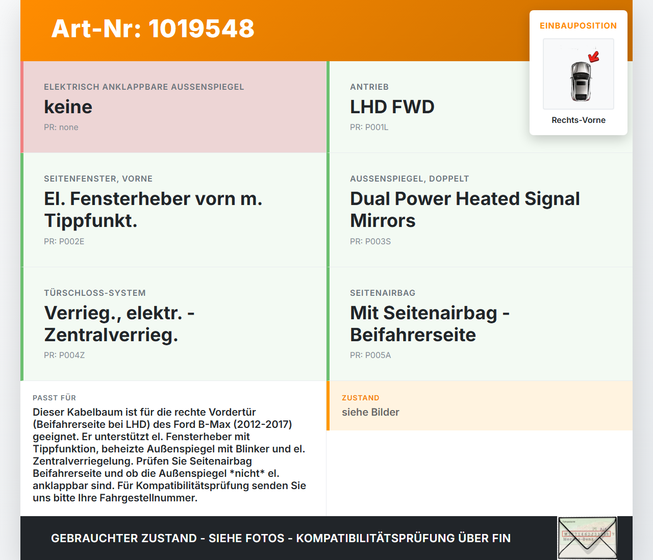 Ford B-Max 12-17 Kabelbaum für Tür und Fensterheber Rechts Vorne Ford B-Max 12-17 21.03.2013 AV1T-14A584-DBC gebraucht Vorschau 3