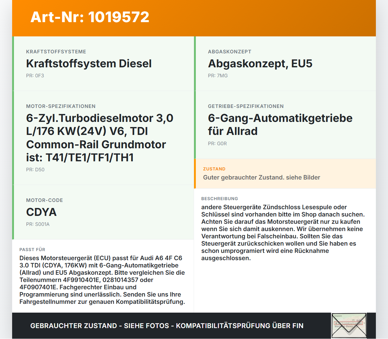 Audi A6 4F C6 08-11 TDI 3,0 176KW Steuergerät ECU für Motor Motorsteuergerät Audi A6 4F C6 08-11 10.03.2009... Vorschau 3