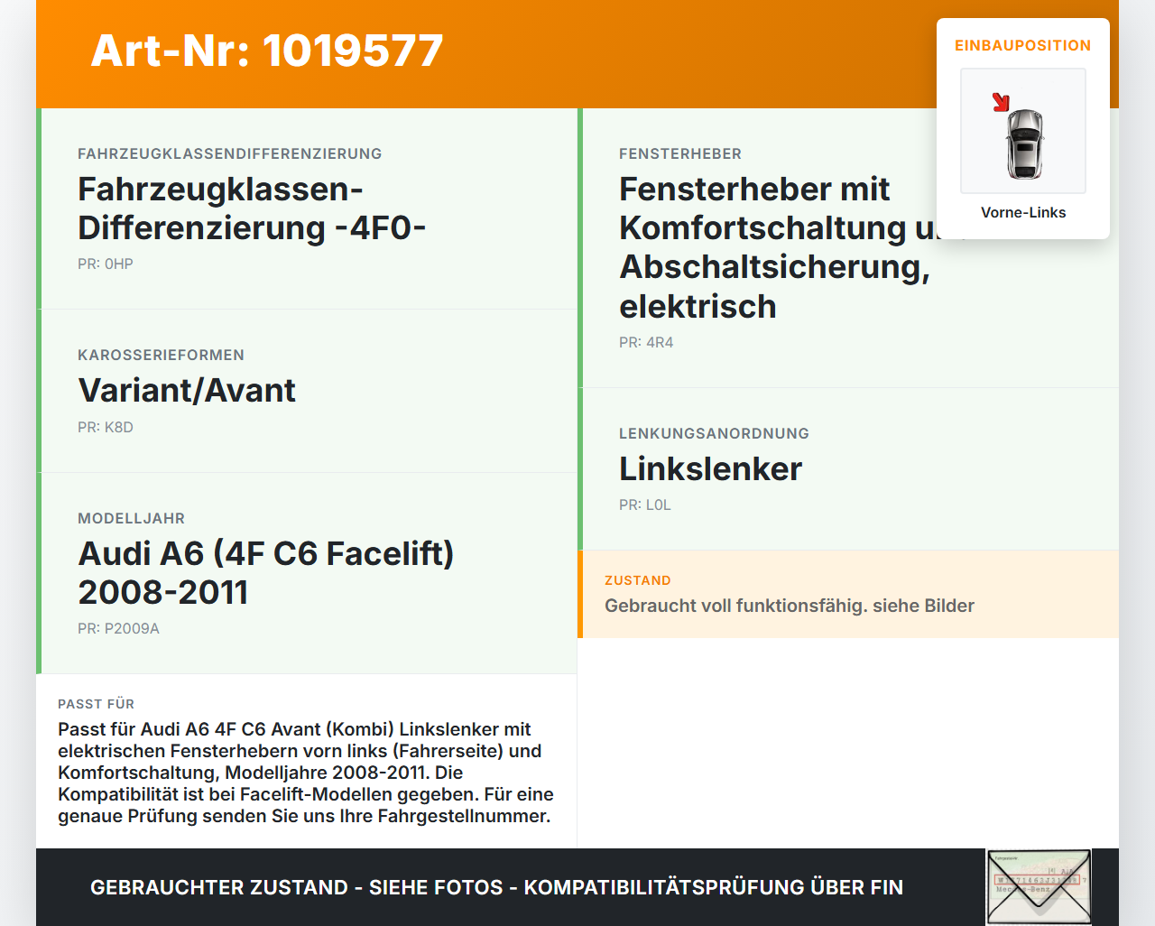 Audi A6 4F C6 08-11 Kombi Fensterhebermotor Vorne Links Audi A6 4F C6 08-11 10.03.2009 4F0959801D 1101-99700-250... Vorschau 3