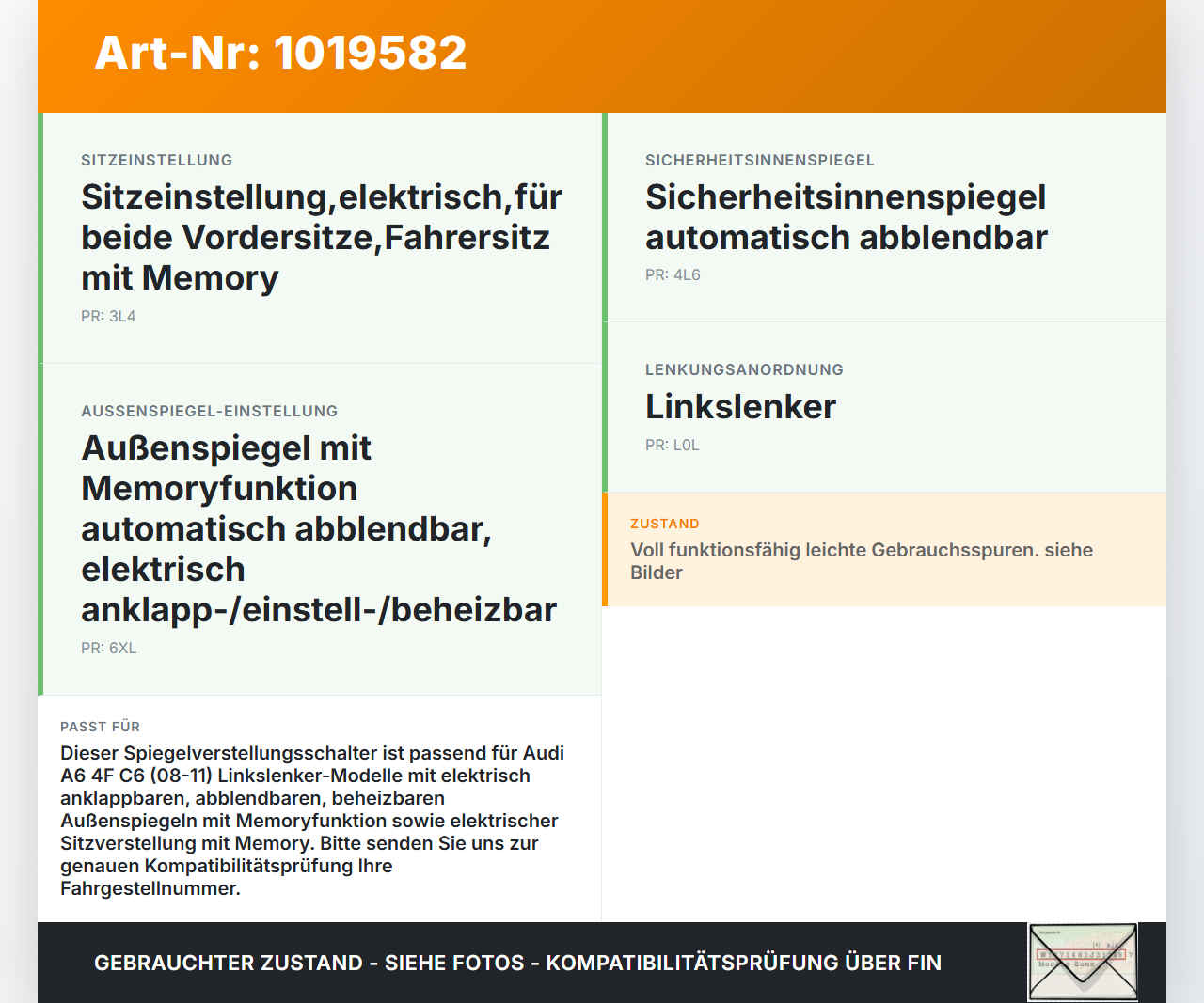 Audi A6 4F C6 08-11 Spiegelverstellung Aussenspiegel Schalter Audi A6 4F C6 08-11 10.03.2009 4F0959565A 4F0959565... Vorschau 3