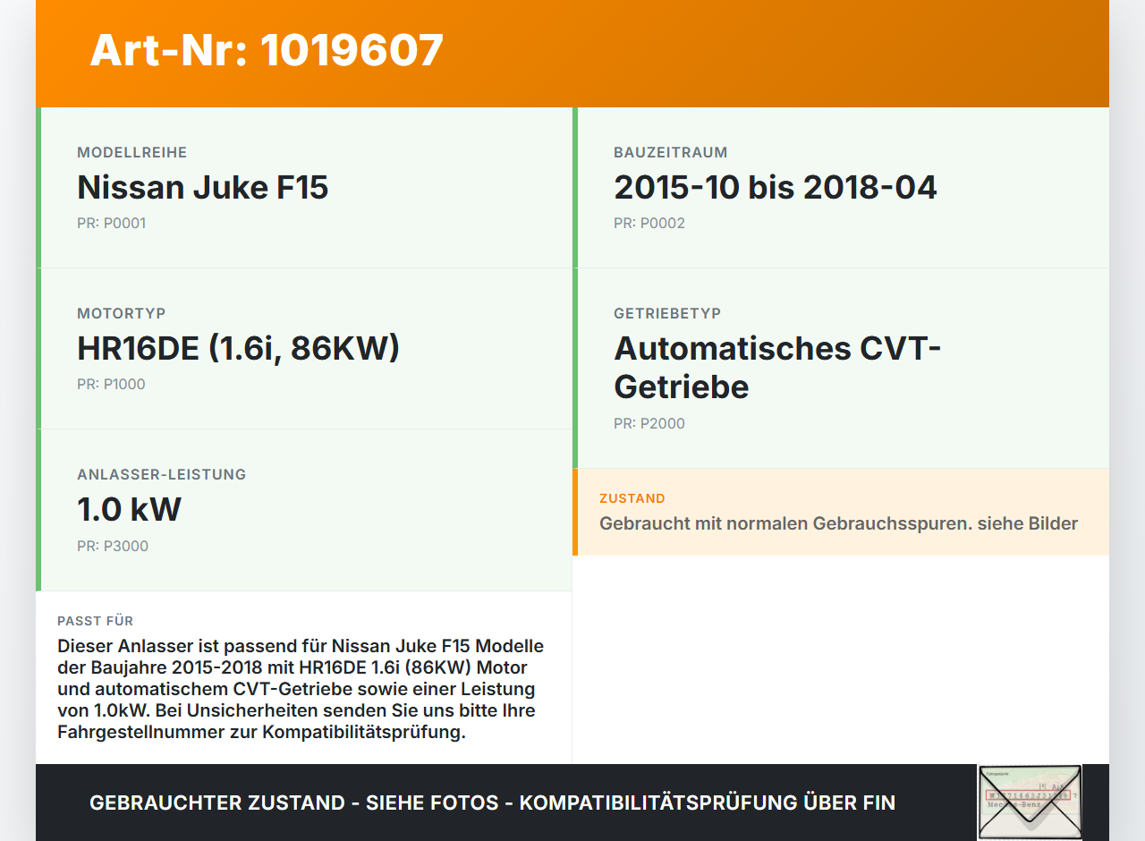 Nissan Juke F15 15-18 1,6i 86KW Autom Anlasser Starter 1.0kW Nissan Juke F15 15-18 01.01.2017 23300EE01C... Vorschau 3
