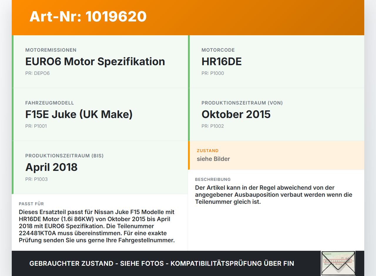 Nissan Juke F15 15-18 1,6i 86KW Zündspule Zyl.1 Nissan Juke F15 15-18 01.01.2017 XIC-AB06NL 224481KT0A gebraucht Vorschau 3