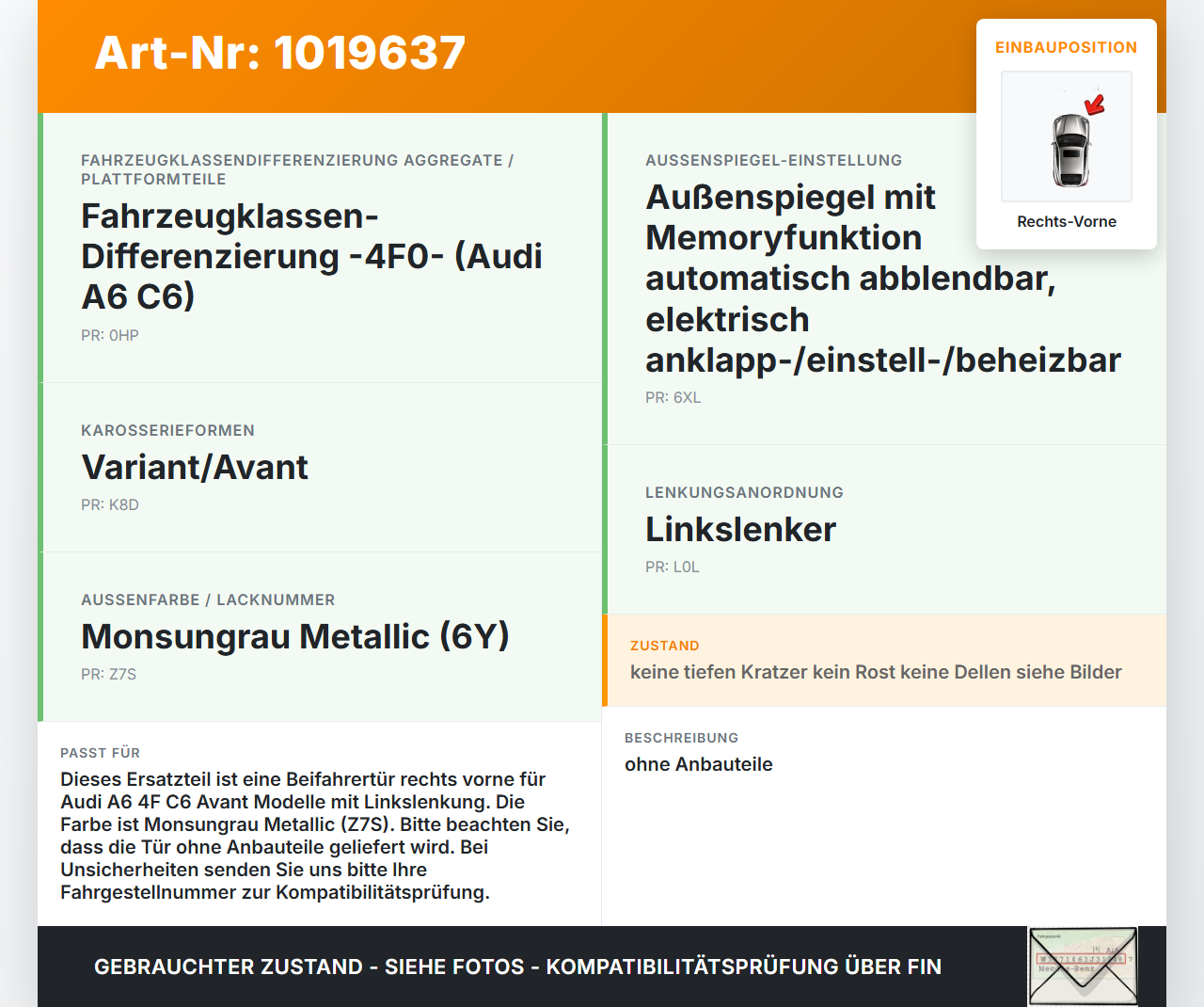Audi A6 4F C6 08-11 Kombi Tür Beifahrertür Rechts Vorne LZ7S Audi A6 4F C6 08-11 10.03.2009 gebraucht Vorschau 3