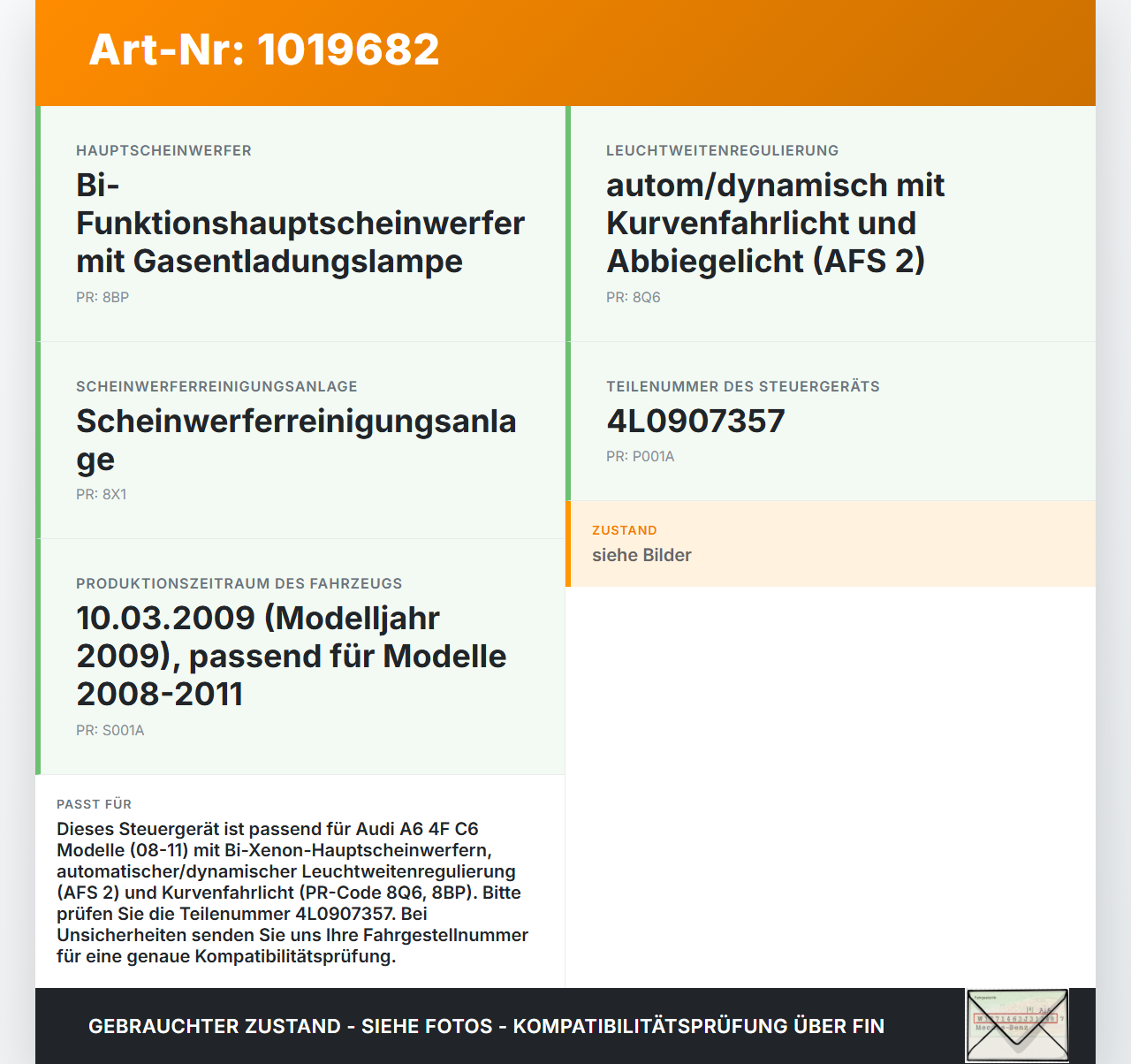 Audi A6 4F C6 08-11 Steuergerät ECU Modul LWR AFS SG Audi A6 4F C6 08-11 10.03.2009 5DF008886-30 4L0907357 gebraucht Vorschau 3