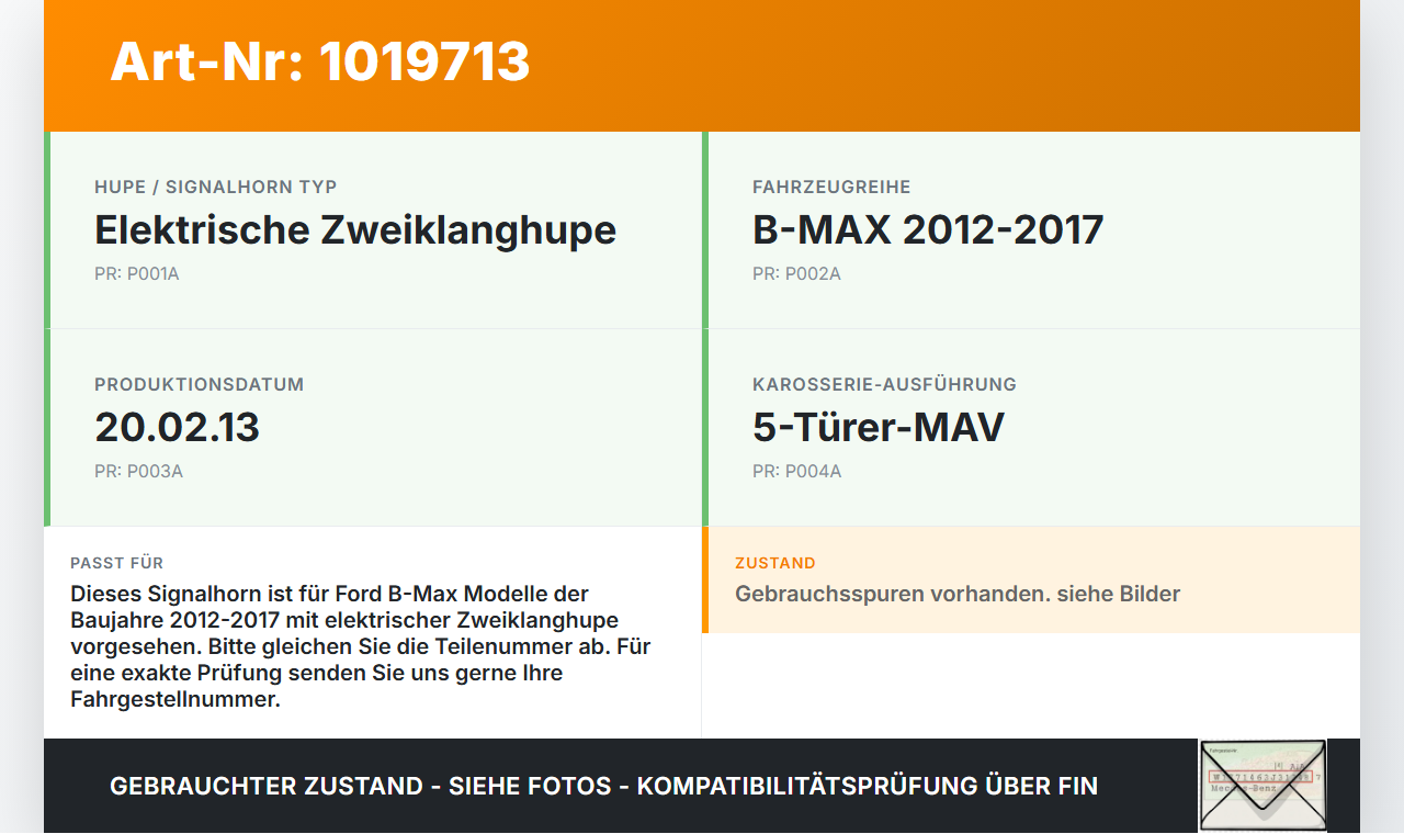 Ford B-Max 12-17 Hupe Signalhorn Ford B-Max 12-17 21.03.2013 005806 AM80S AV27522 gebraucht Vorschau 3