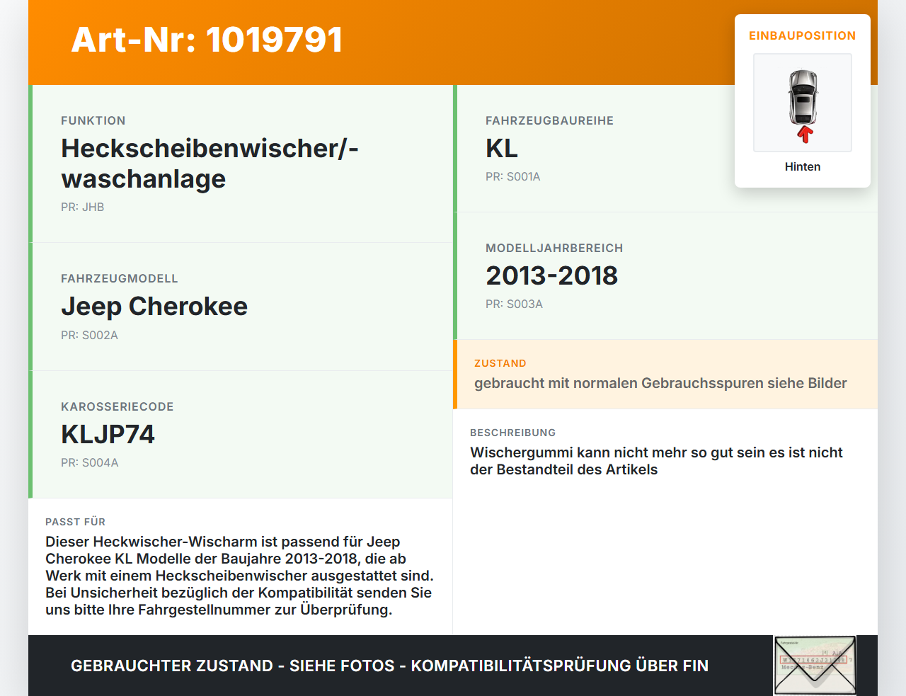 Jeep Cherokee KL 13-18 Heckwischer Scheibenwischer Hinten Wischarm Jeep Cherokee KL 13-18 01.01.2017 gebraucht Vorschau 3