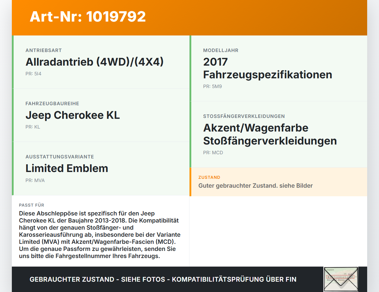 Jeep Cherokee KL 13-18 Abschleppöse Abschlepphaken Jeep Cherokee KL 13-18 01.01.2017 gebraucht Vorschau 3