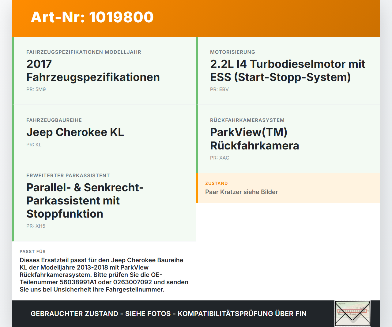 Jeep Cherokee KL 13-18 2,2d 147KW Kamera Rückfahrkamera Sensor Jeep Cherokee KL 13-18 01.01.2017 56038991A1... Vorschau 3