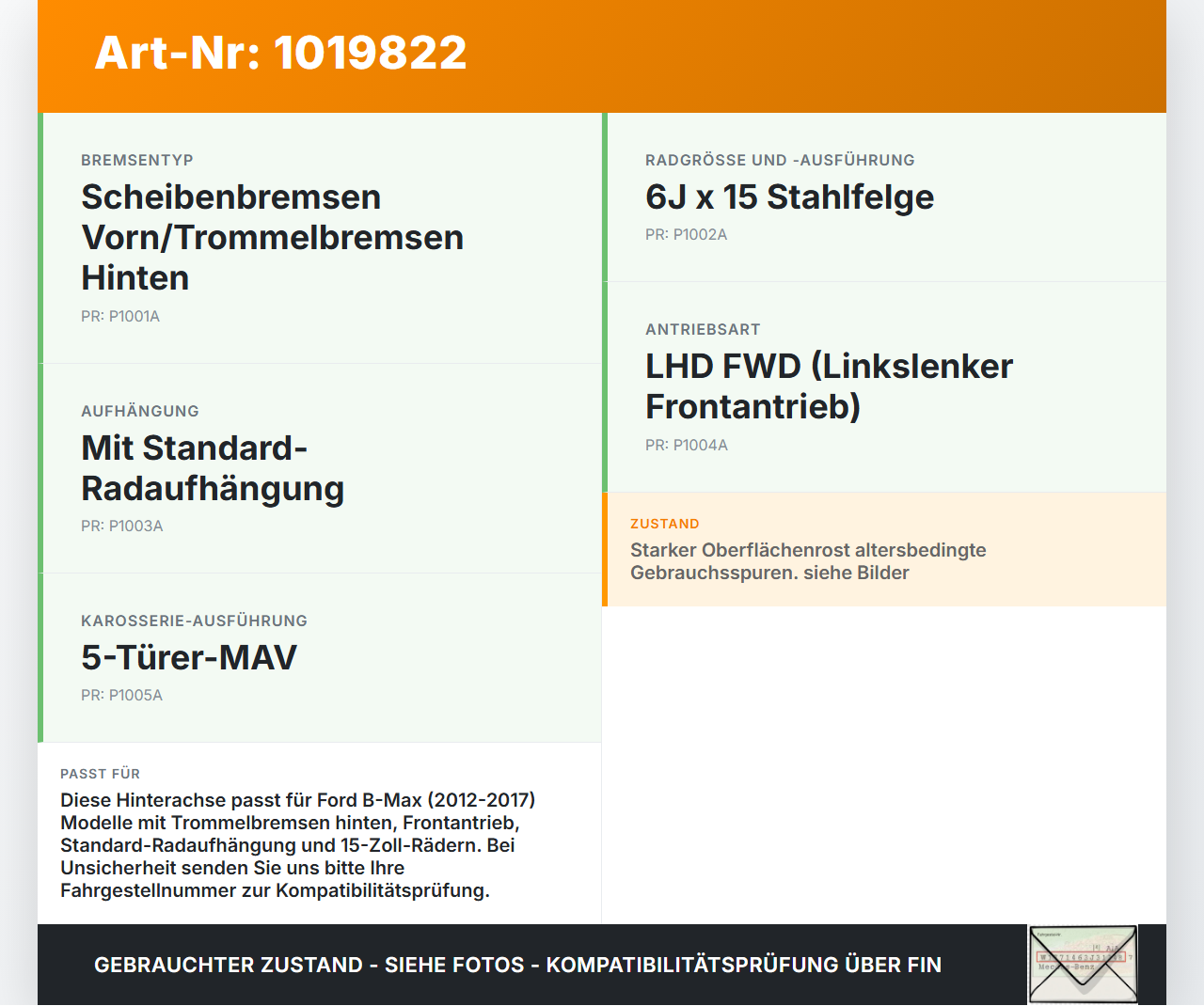 Ford B-Max 12-17 Hinterachse Achse m. Trommelbremse Ford B-Max 12-17 21.03.2013 AY11-5K952-AE gebraucht Vorschau 3