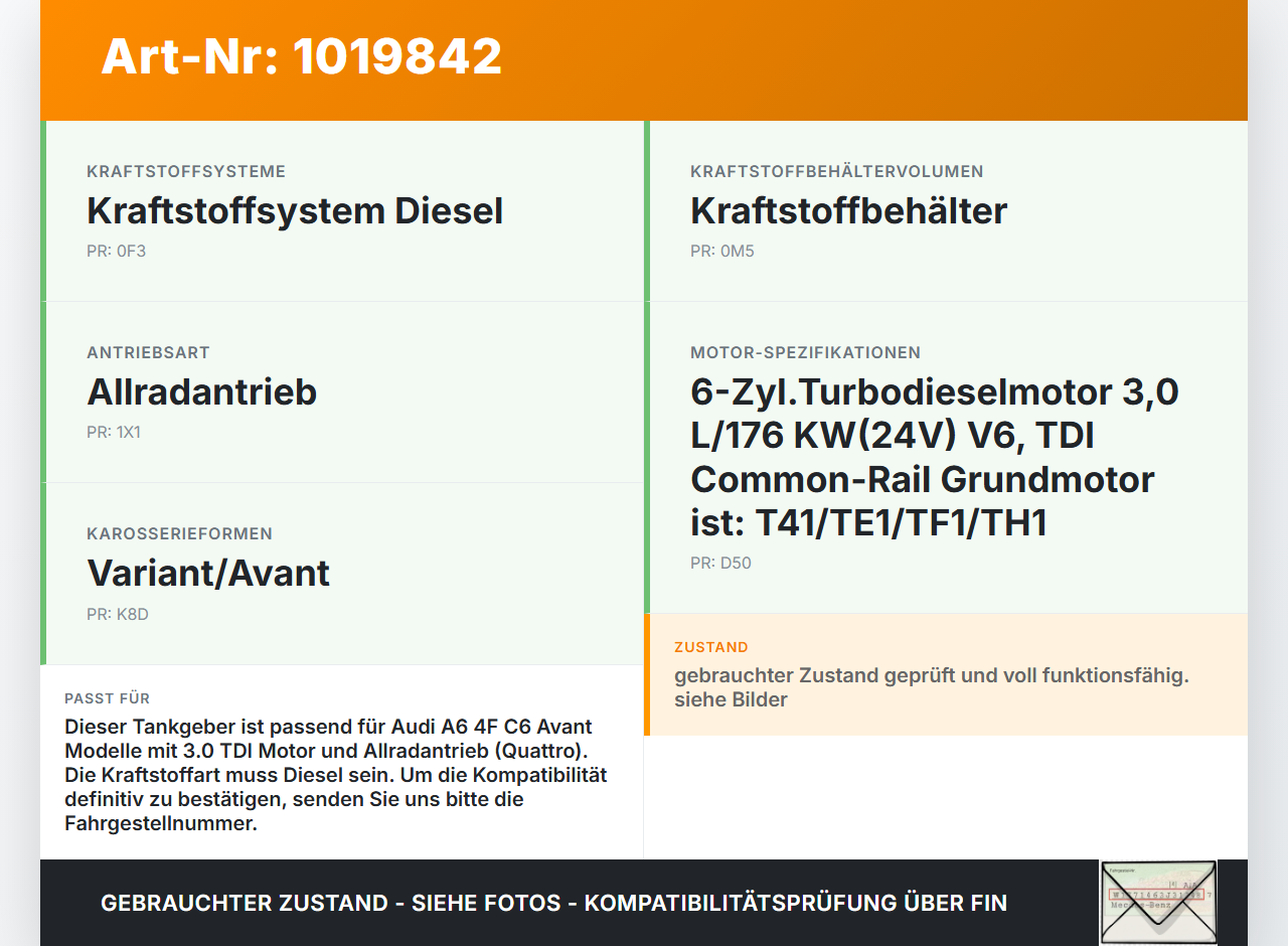 Audi A6 4F C6 08-11 TDI 3,0 176KW Tankgeber Tankeinheit Audi A6 4F C6 08-11 10.03.2009 4F0201317 gebraucht Vorschau 3