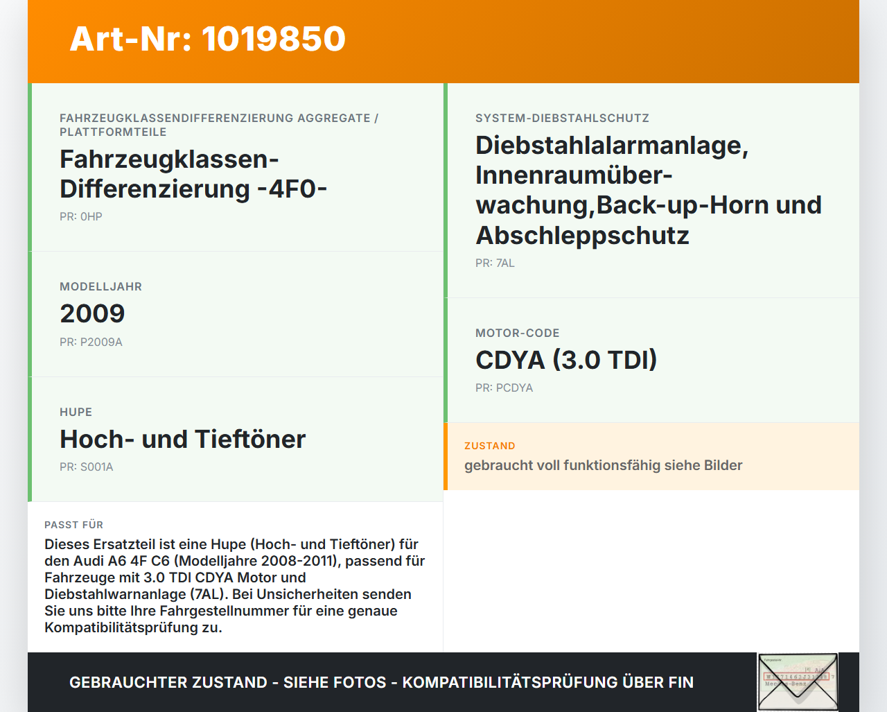 Audi A6 4F C6 08-11 Hupe Signalhorn Hoch- und Tieftöner Audi A6 4F C6 08-11 10.03.2009 4F0951221A gebraucht Vorschau 3